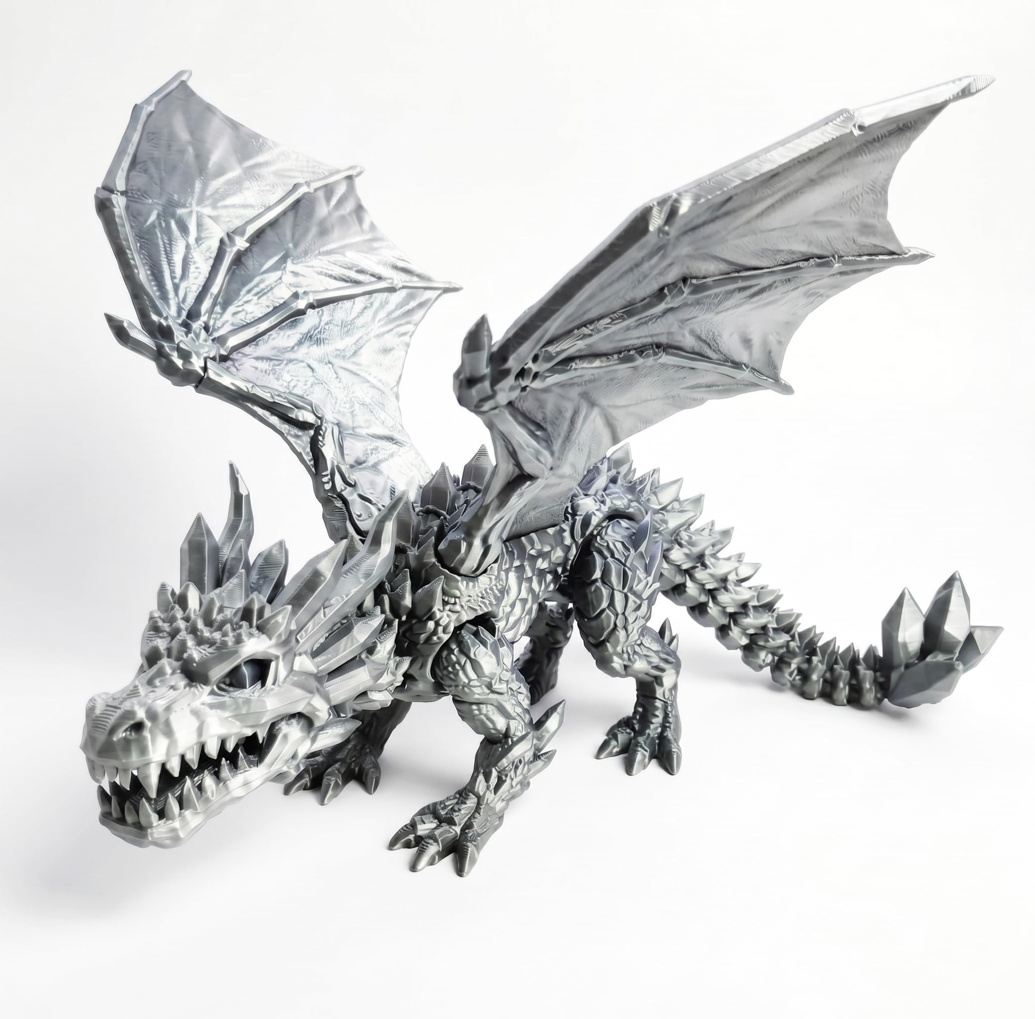 3D Printed Dragon with Wings Articulated Crystal Dragon Figurine 3D Printed Animals Fidget Desk Accessory for Home Office Decor (Silver,M)
