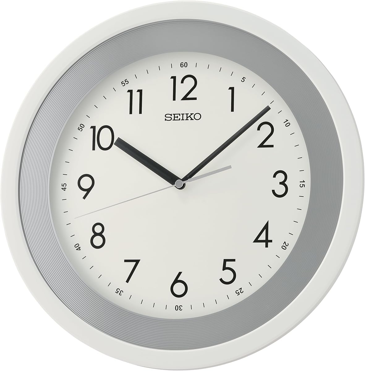 SEIKO QXA812WRH Reloj de pared plateado con banda antitictac, blanco, 14 pulgadas