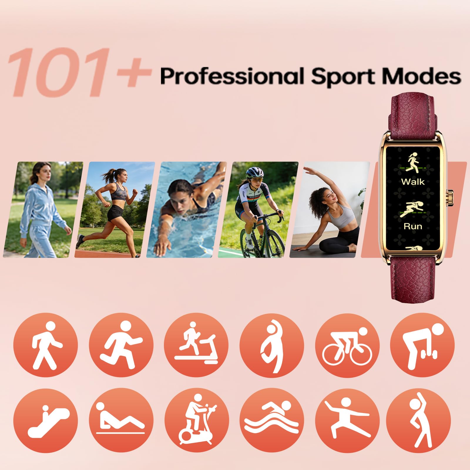 Fitness Tracker Mujer Elegante Smartwatch con Monitor de Sueño Frecuencia Cardíaca Podómetro Contador de Calorías Ciclo Menstrual Relojes de Lujo para Mujeres Cuero Rosa Smartband