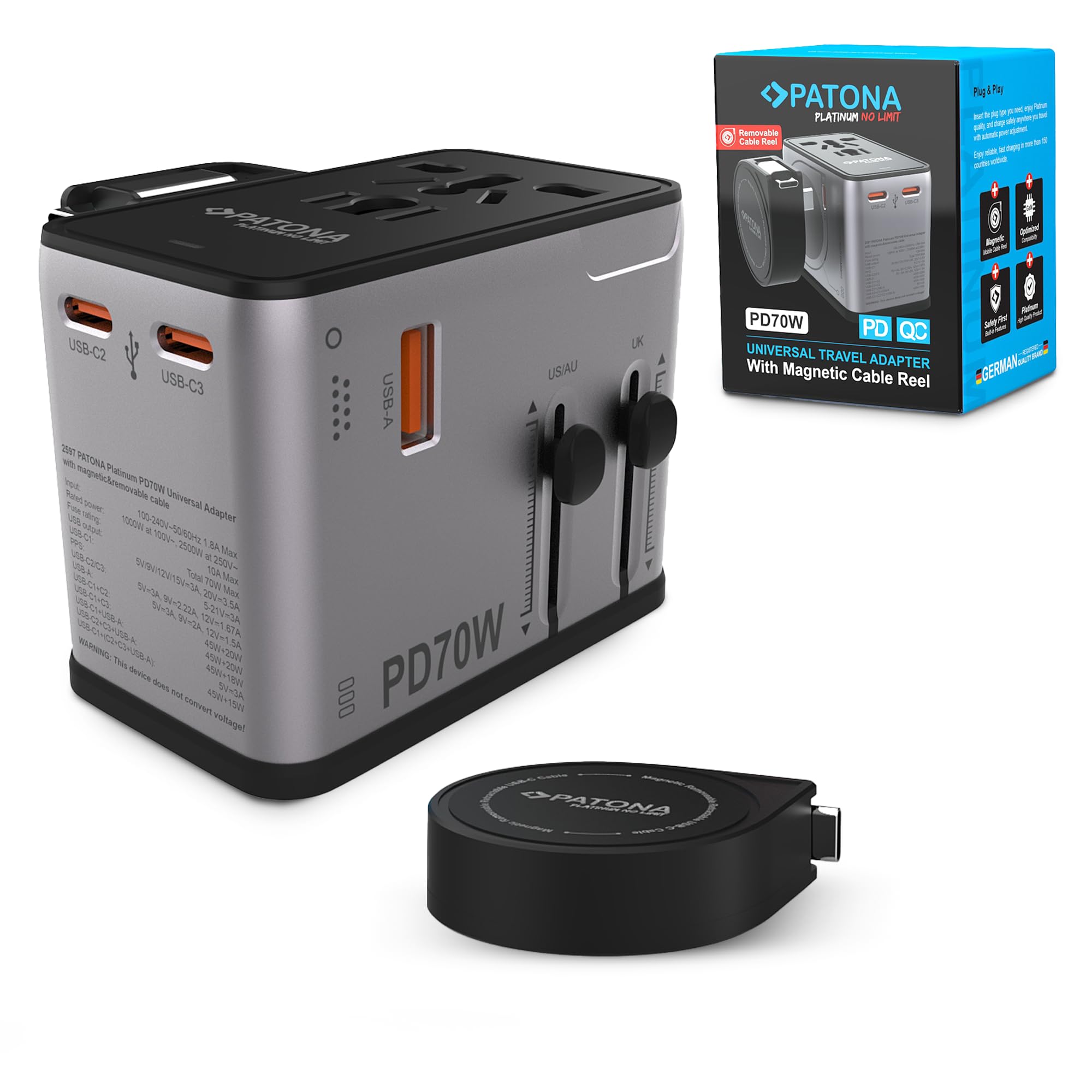 PATONA Reiseadapter Weltweit 70W GaN mit Magnetischer Kabelrolle | Universal Adapter & Reisestecker mit 3 USB-C PD + 1 USB-A QC | Travel Adapter USA, England, Japan, EU 150+ Länder