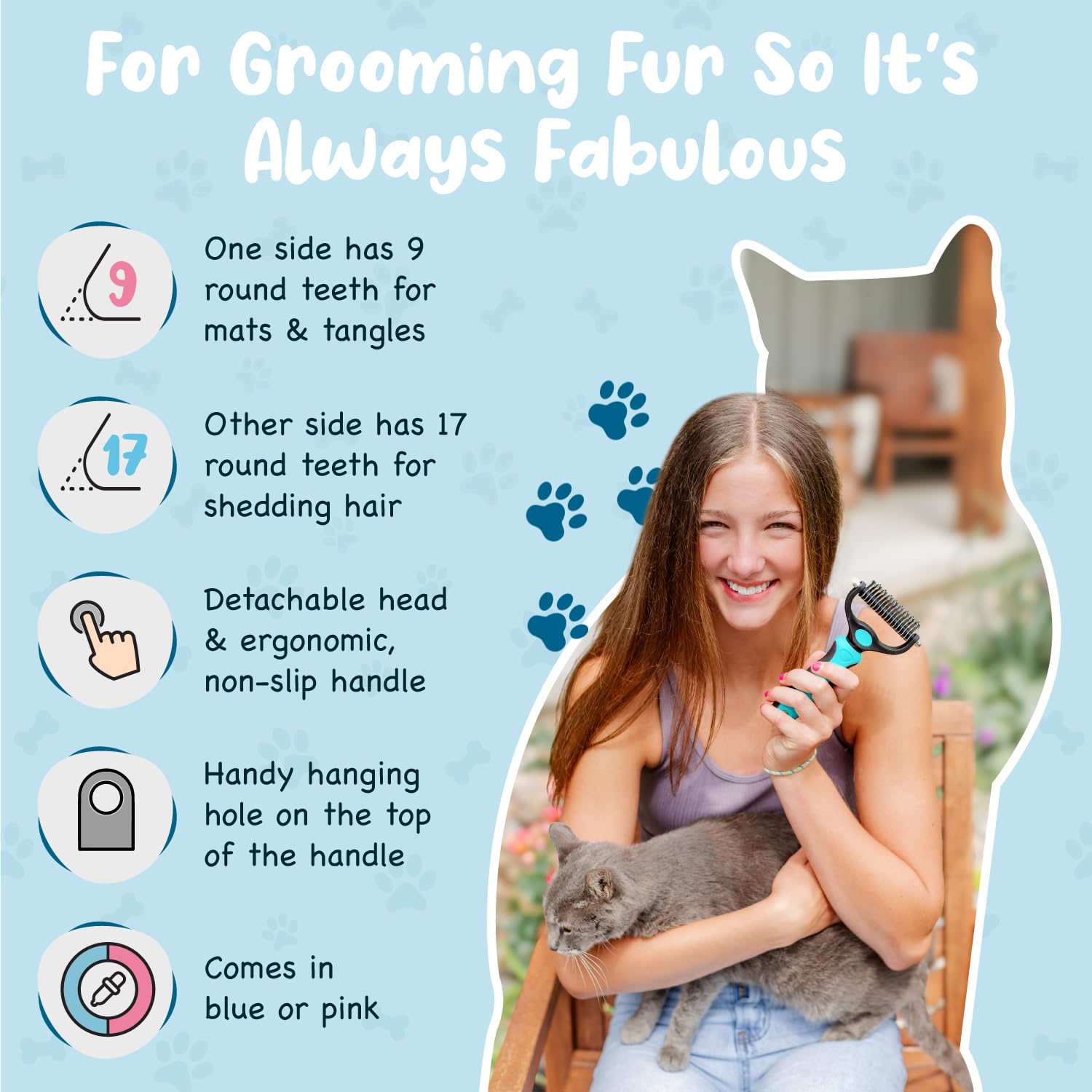 Cepillo de aseo de mascotas para gatos, herramienta de desenredado de 2 lados para perros, gatos, mascotas, cepillo de aseo para quitar el pelo de los perros (azul) (azul)