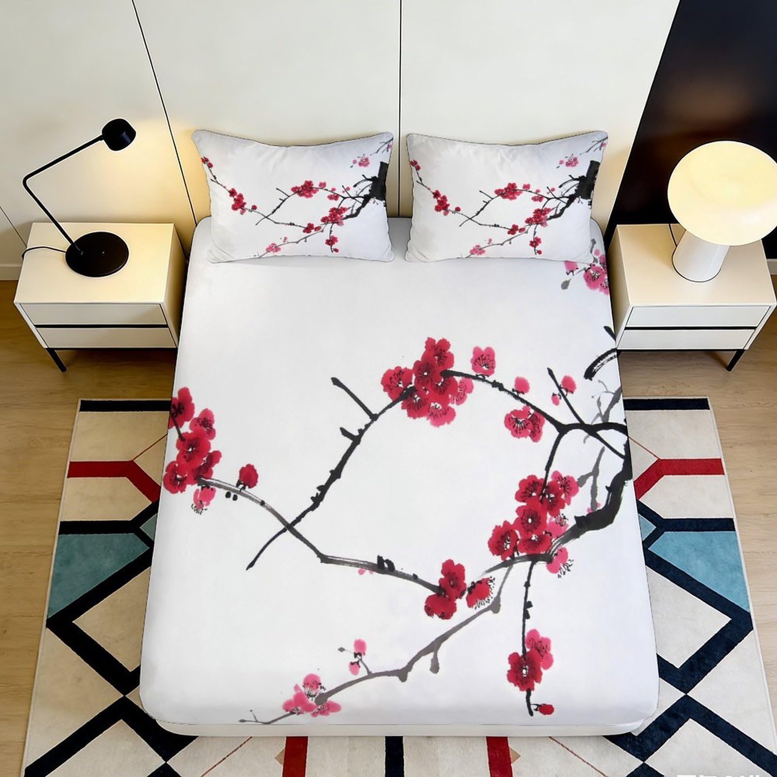 3D Printed Cherry Blossom Fitted Sheet Microfiber Soft Breathable Plum Flower Bed Cover for Bedroom Dormitory Guest Room Mattress Protection Decor 160x200x25cm