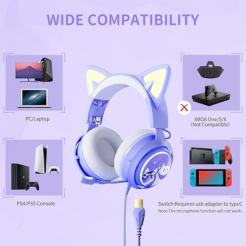 Miniatura 6 de EASARS Auriculares de oreja de gato auriculares USB para juegos con micrófono retráctil sonido envolvente 71 iluminación RGB auriculares con cable