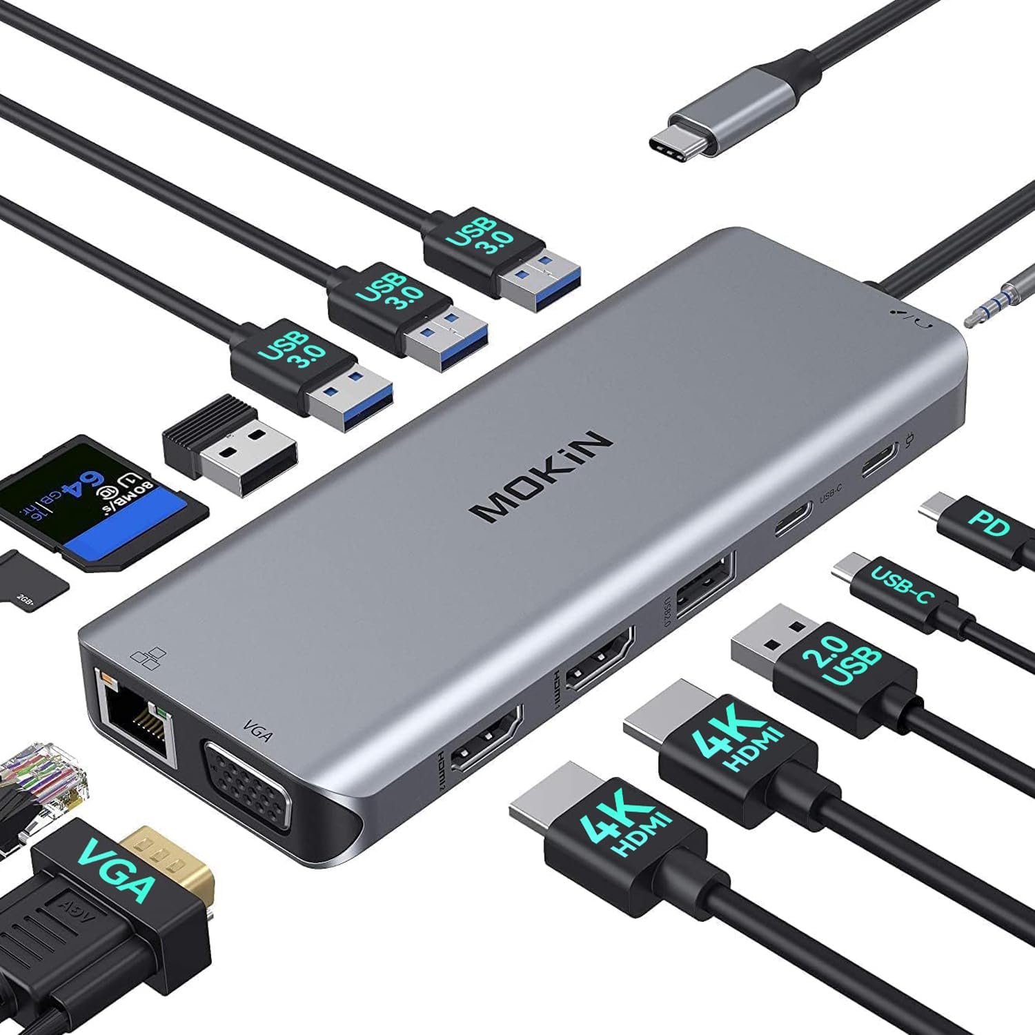 Docking station USB C Dual Monitor, 14 in 1 USB-C Laptop Docking Station Dual HDMI USB C Hub adattatore multiporta con 2 HDMI VGA 5 USB SD/TF Audio per Dell/Surface/HP/Lenovo
