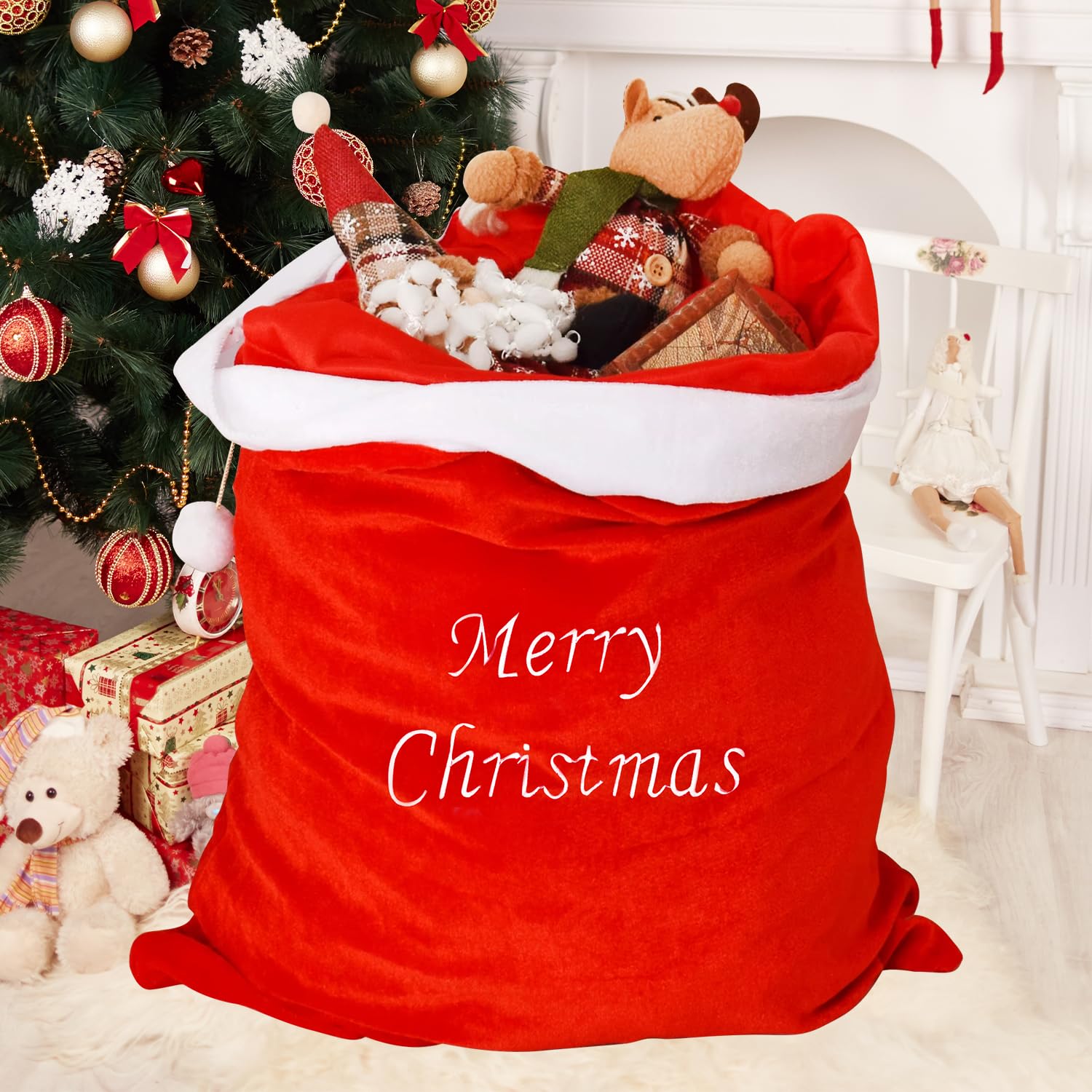 WedDecor Large Santa Sack Bag, Plush Red Velvet Christmas Gift Sack with White Trim, Embroidered Holiday Present Holder with Drawstring Pom Pom, Xmas Eve Gift Bag for Toys (50cm x 70cm) — image 1