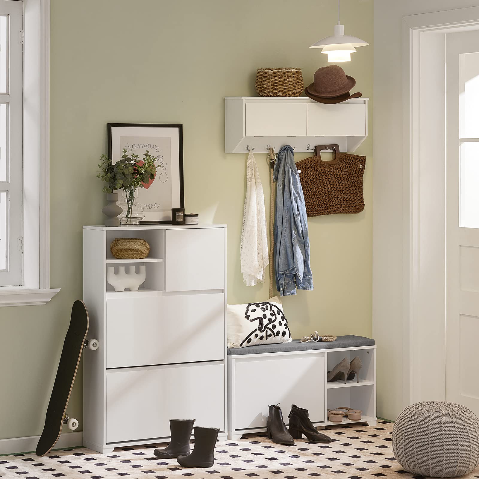 SoBuy FSR111-W Armario de Entrada Blanco Zapatero 2 Solapas,1 Puerta y 2 Compartimentos Abiertos 71 x 24 x 118 cm ES