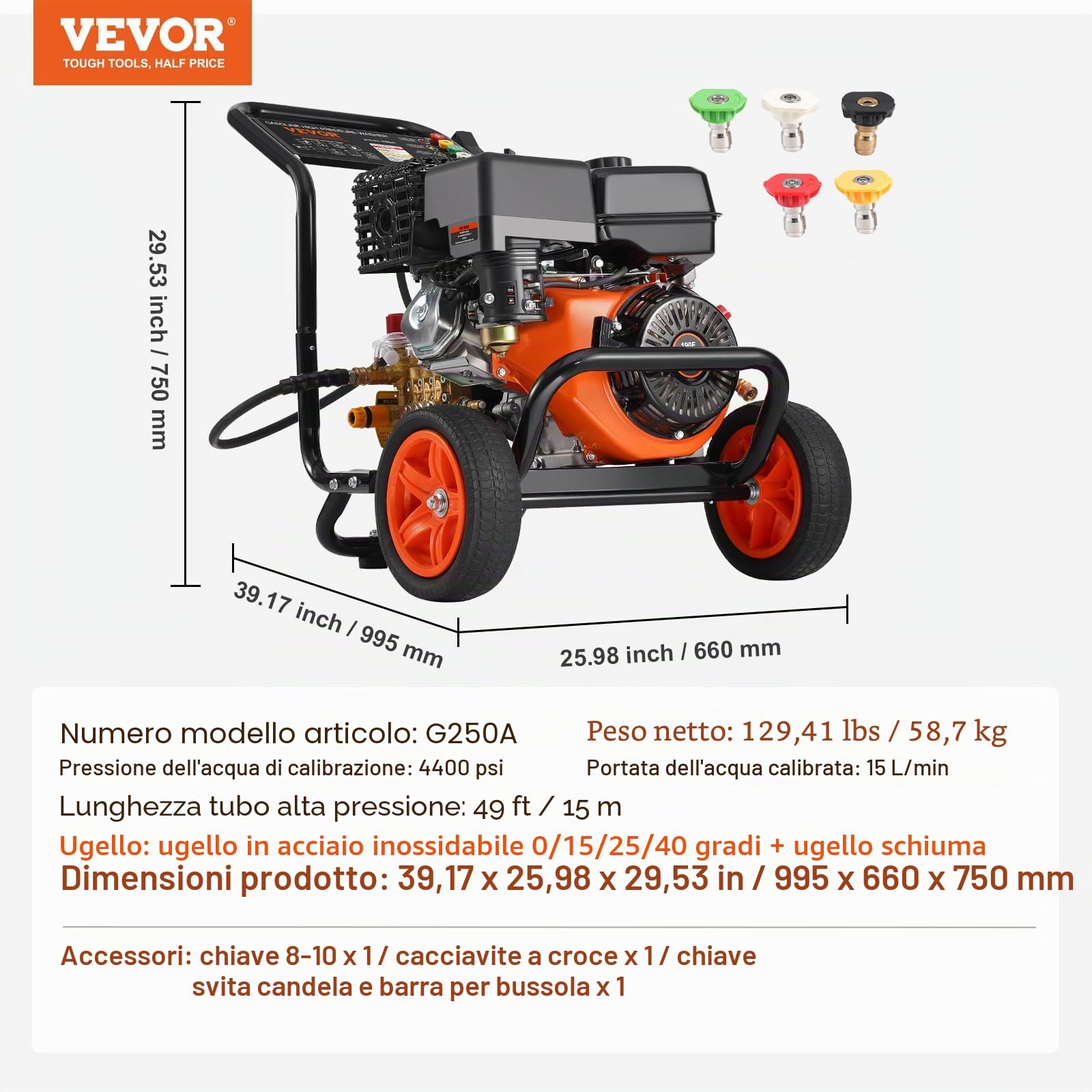 VEVOR Idropulitrice a Gas 309,35 kgf/cm² 15 L/min Idropulitrice a Gas con Pompa in Rame, Prolunga, Set da 5 Ugelli, Idropulitrice ad Alta Pressione per Auto, Recinzioni, Vialetti, Cortili, Mobili