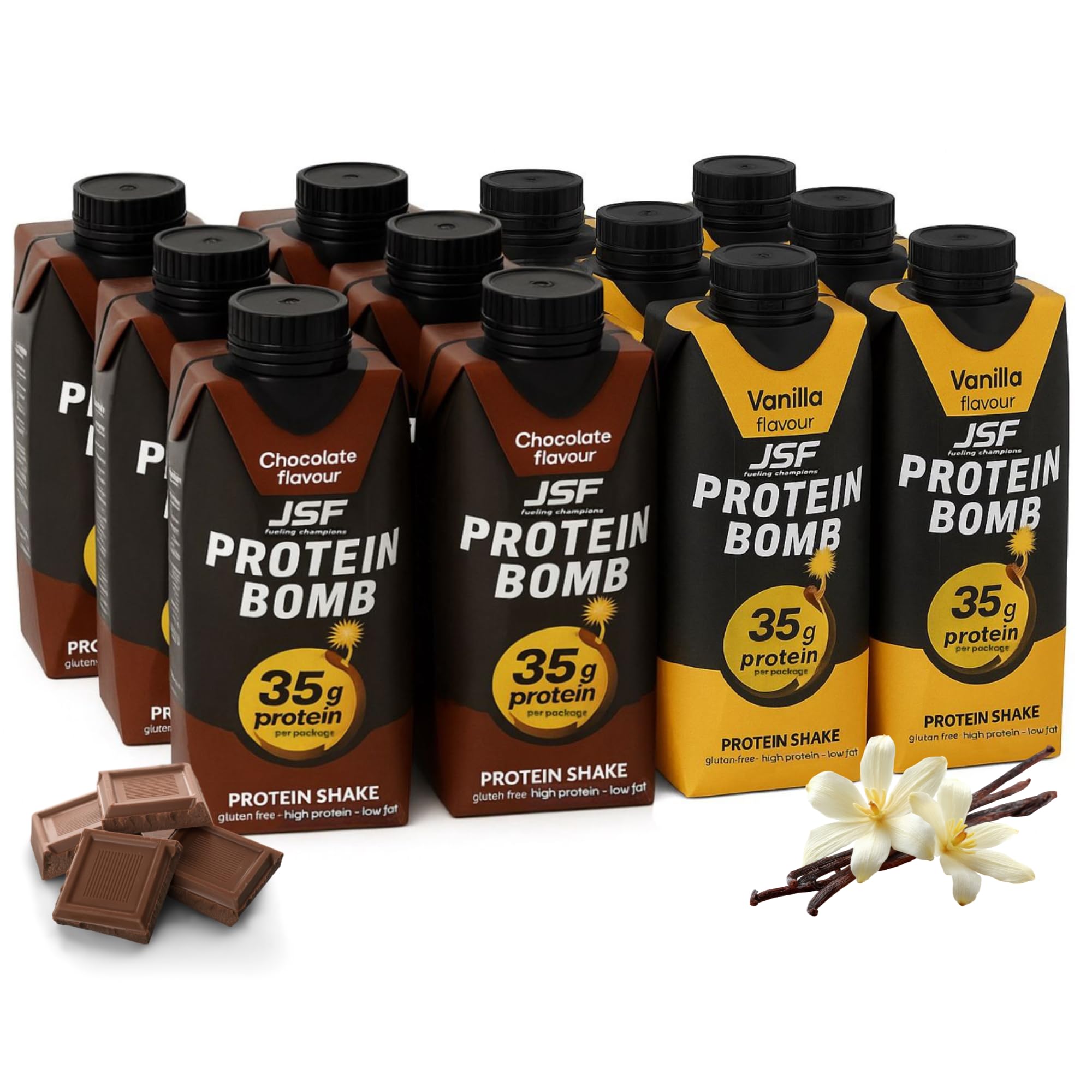 JSF fueling champions 12x zestaw koktajli proteinowych 350 ml – 6x wanilia, 6x czekolada – bez dodatku cukru, 35 g białka, napój proteinowy – bezglutenowy – posiłek do picia, zamiennik posiłku