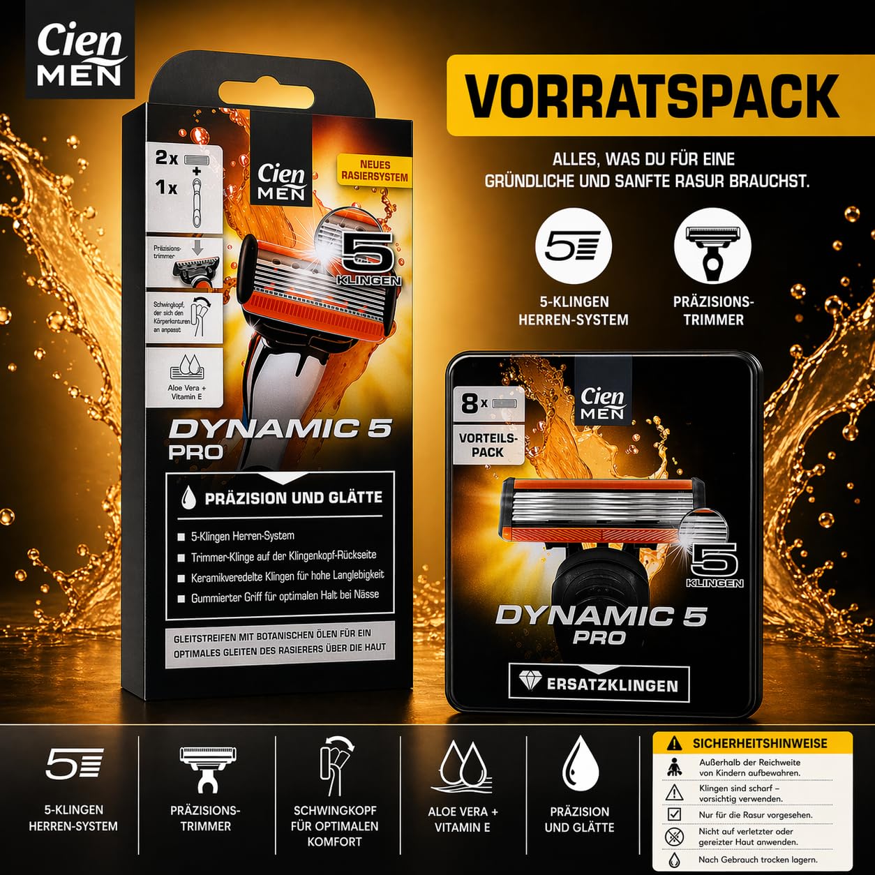 Cien Men Dynamic 5 Pro Herrenrasierer Set, Nassrasierer mit Präzisions-Trimmer, Komplettset mit 1 Griff und 10 keramikveredelten 5-Klingen Ersatzklingen für Männer