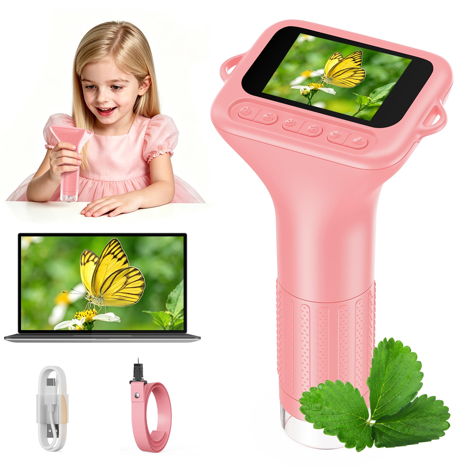 ASPOVEN Digital Microscope for Kids, 1000X Handheld Microscope with 2" IPS Screen, Photo & Video, Portable Microscope Camera for Kids, Educational Science Toy Gift for Boys & Girls (Pink)