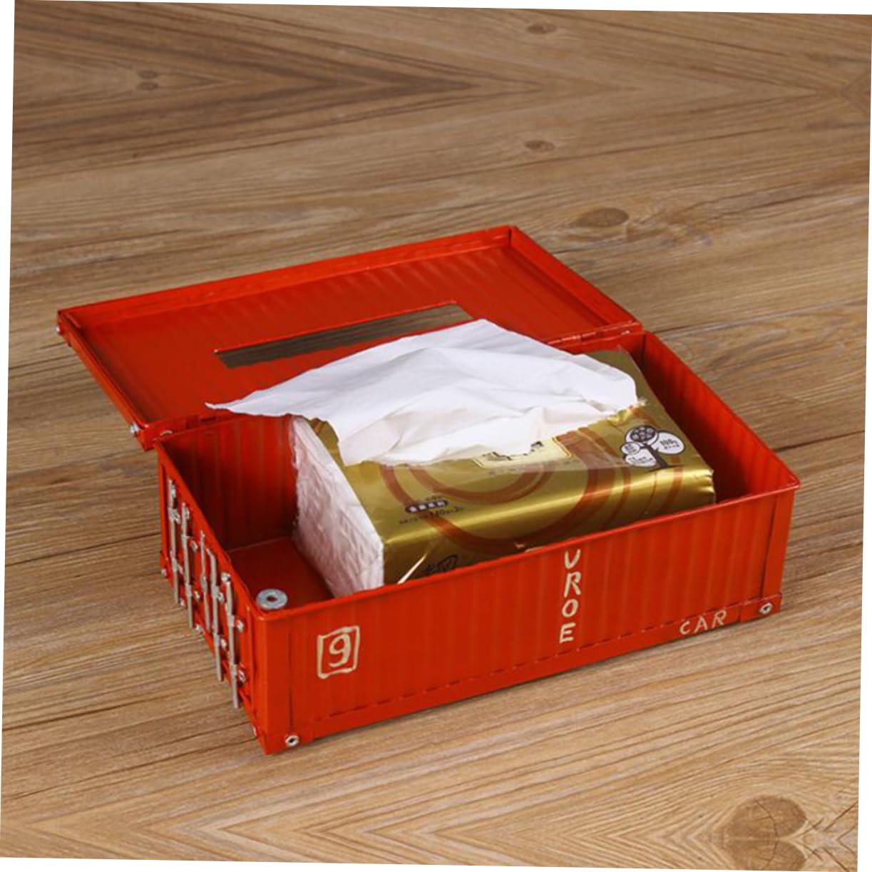Porta Fazzoletti Container Spedizione Retrò in Ferro Rosso | Stoccaggio Salviette, Sostituzione Rapida, per Decorazione Domestica e Uso Esterno