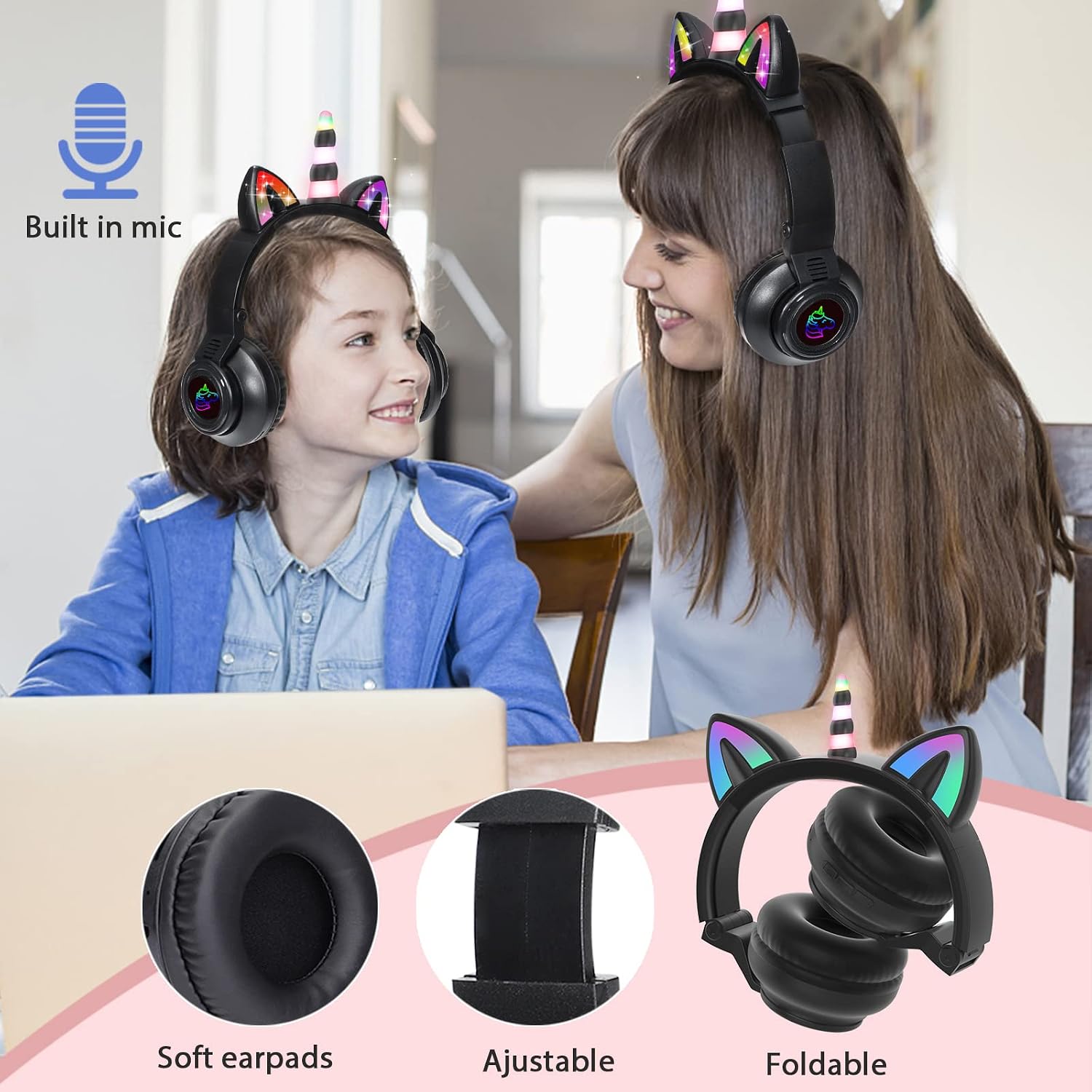 JYPS Unicorn Bluetooth Headphones, Wireless/Wired Kids Headphones with LED Lights - Image 4