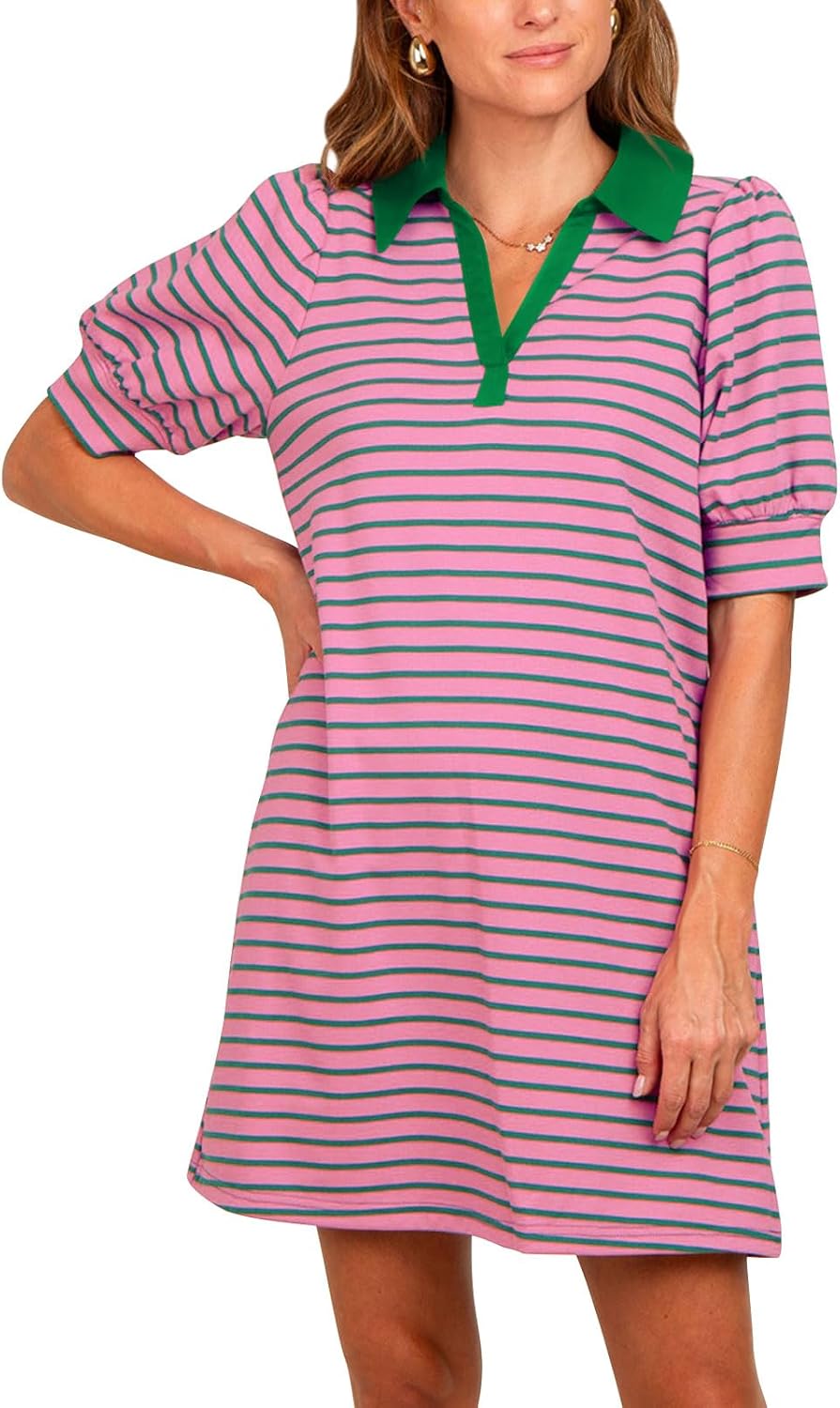 Yousify Women's Summer Lapel Collared V Neck Striped Dress Casual Puff Short Sleeve Polo Tshirt Dresses with Pockets - Image 2