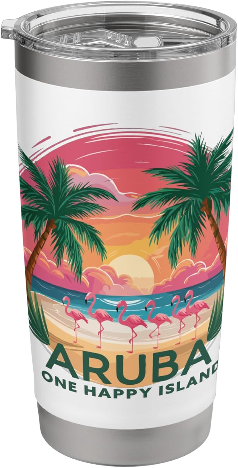 Aruba's One Happy Island beautiful sunset beach Flamingo Stainless Steel Insulated Tumbler