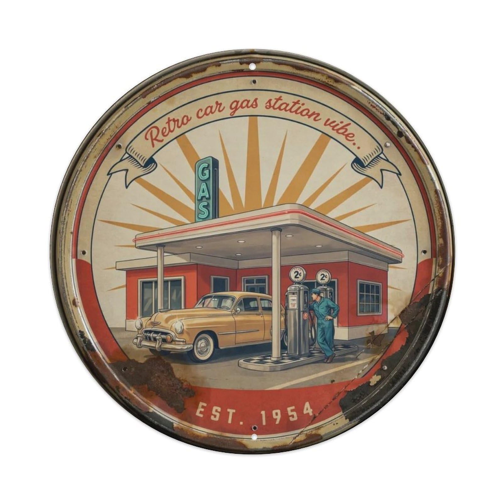 Retro Car Gas Station Vibe. Metal Tin Sign Plaque