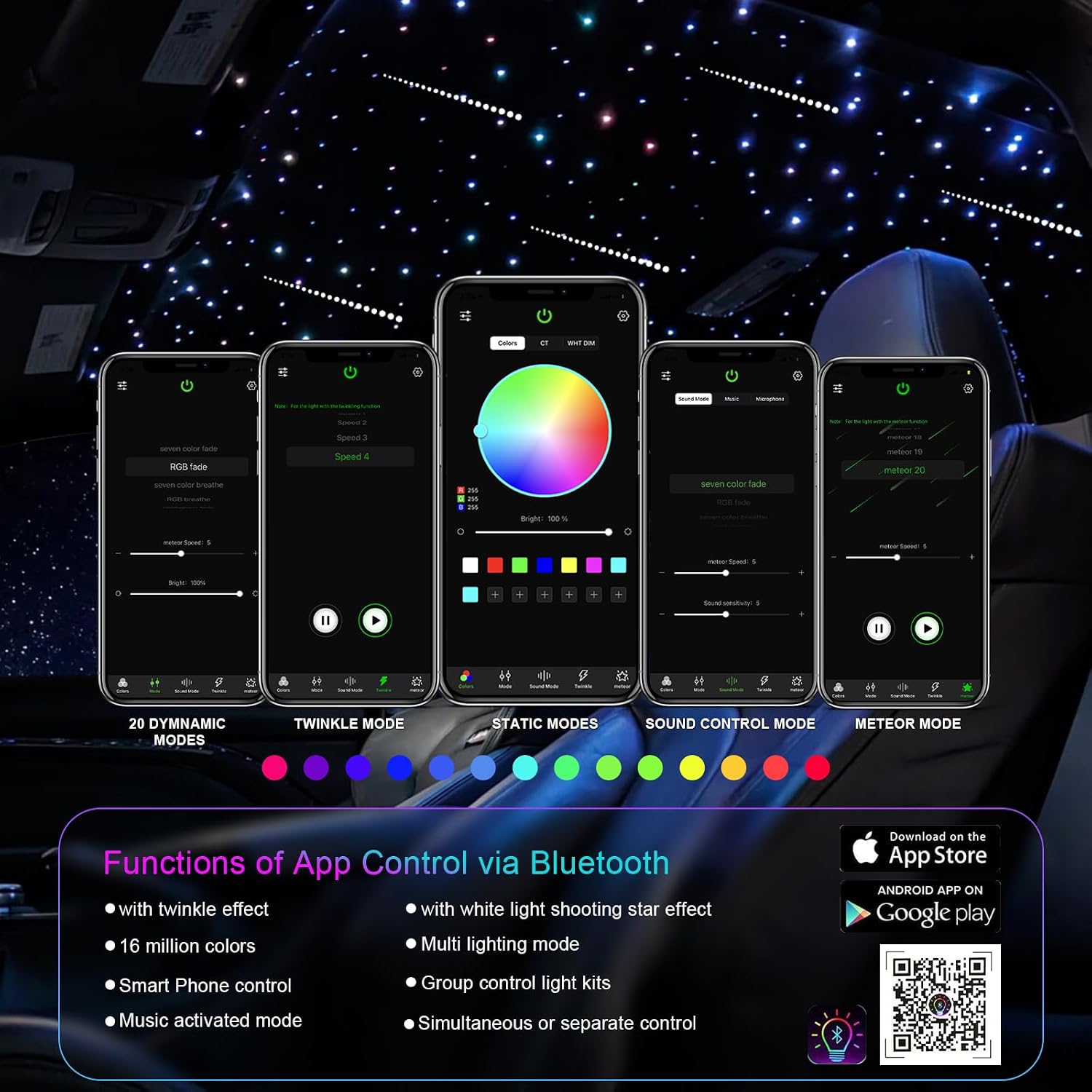 Small Size Starlight Headliner Kit, Twinkle & Sound Activate RGBW Fiber Optic Lights with APP & Remote Control,Shooting Star Lights for Car Home Ceiling Decoration, 350pcs 9.8ft