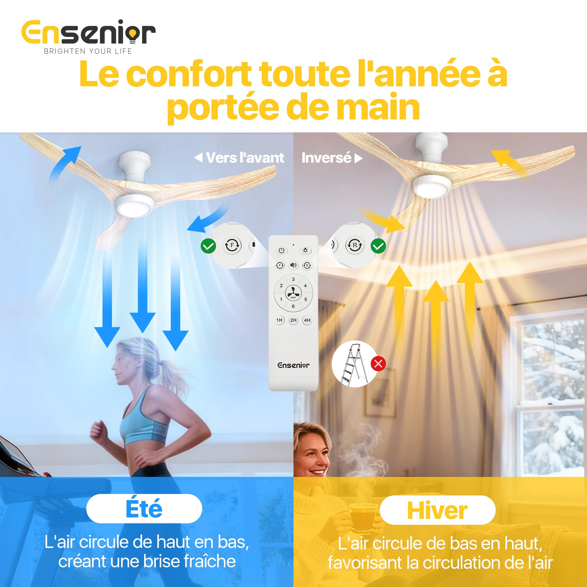 Ensenior Ventilateur de Plafond avec Lumière Silencieux 126cm Moteur DC 3 Couleurs LED Dimmable Mémoire 6 Vitesses Bois