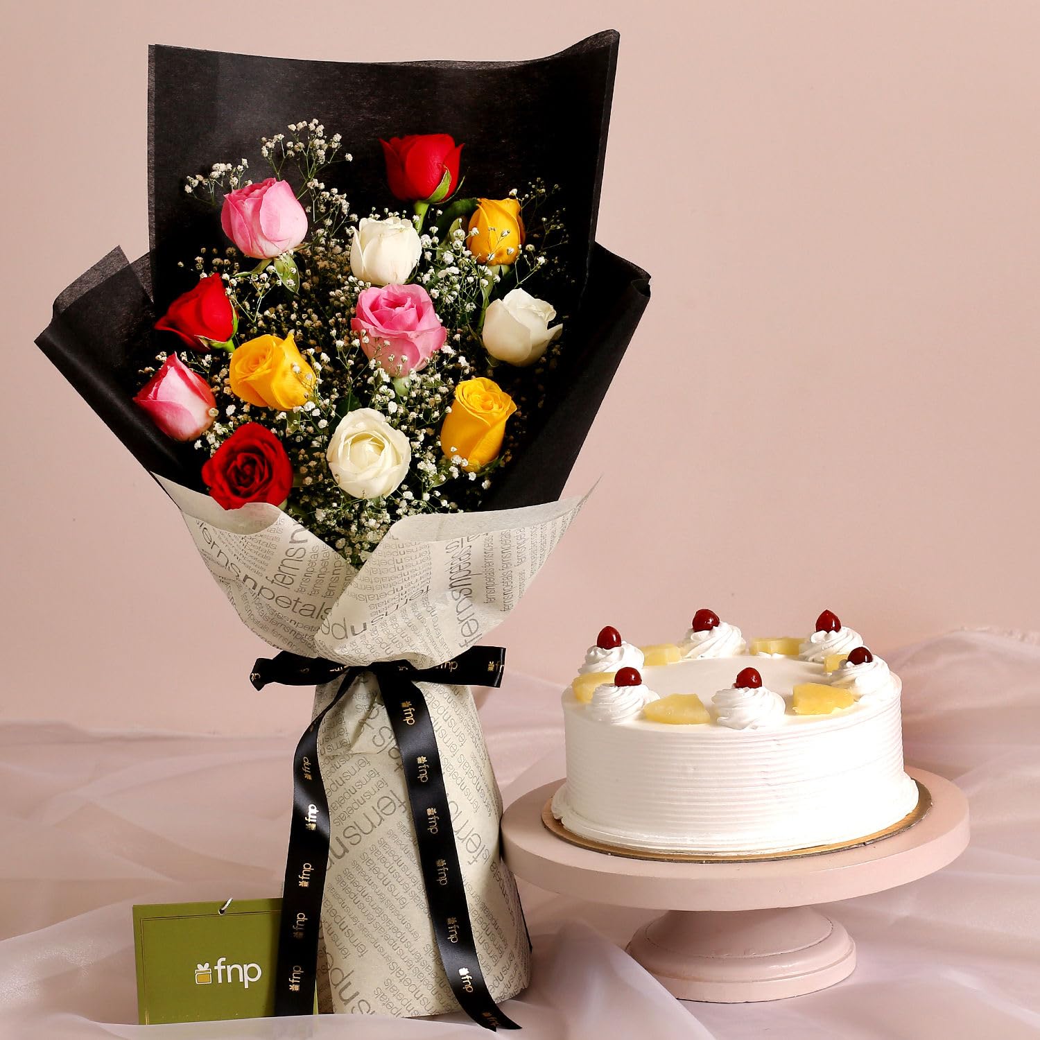 fnp young love colourful bouquet pineapple cake