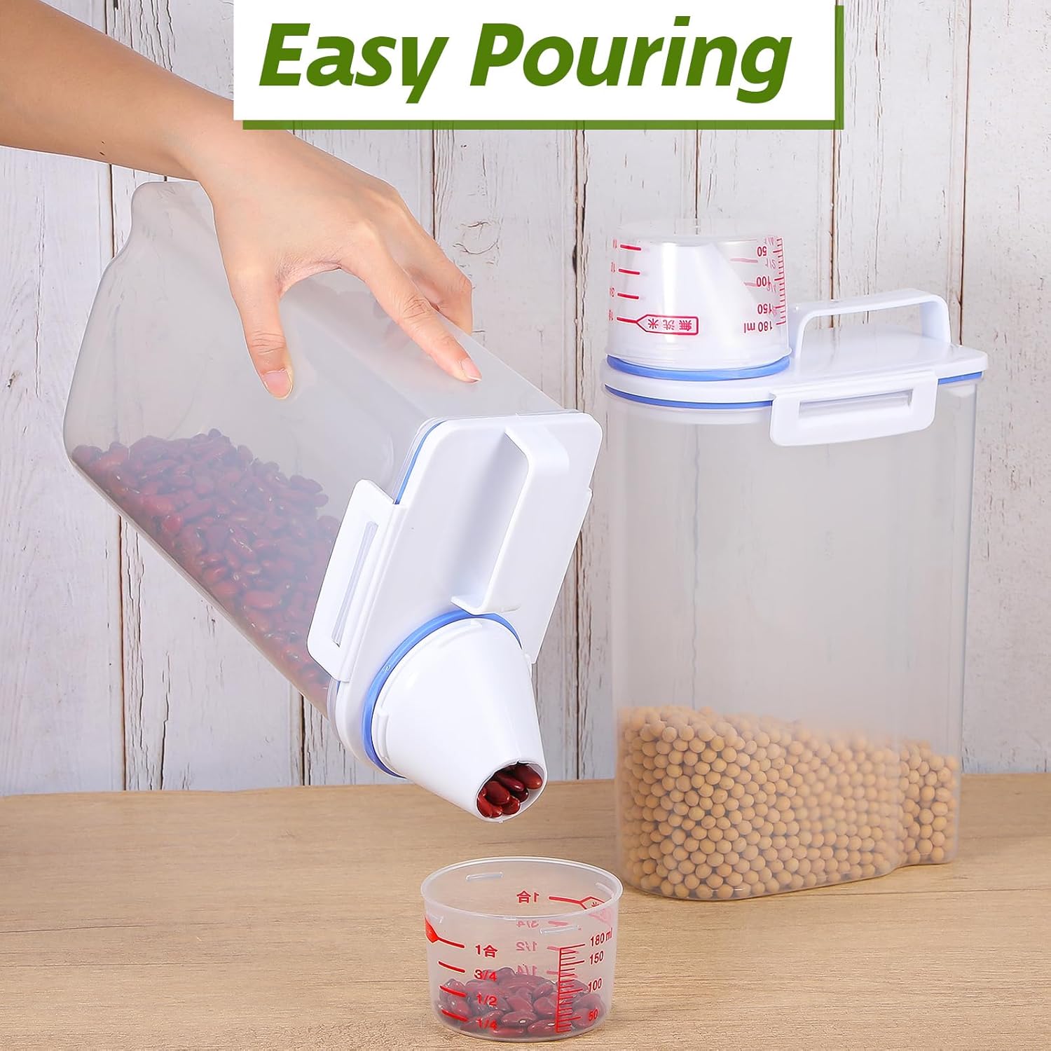 3 Pcs Rice Storage Containers (4 Lbs / 2 Kg Each) – Airtight BPA-Free ABS Plastic Dispenser with Measuring Cup & Pour Spout for Rice, Cereal, Pet Food, and More (Blue + Clear) - Image 6