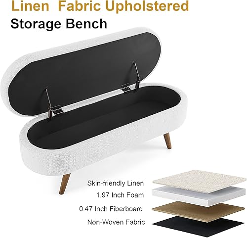 Miniatura 6 de Banco de almacenamiento ovalado, banco tapizado de tela de lino con patas de madera maciza para lado de la cama, entrada, sala de estar, color blanco