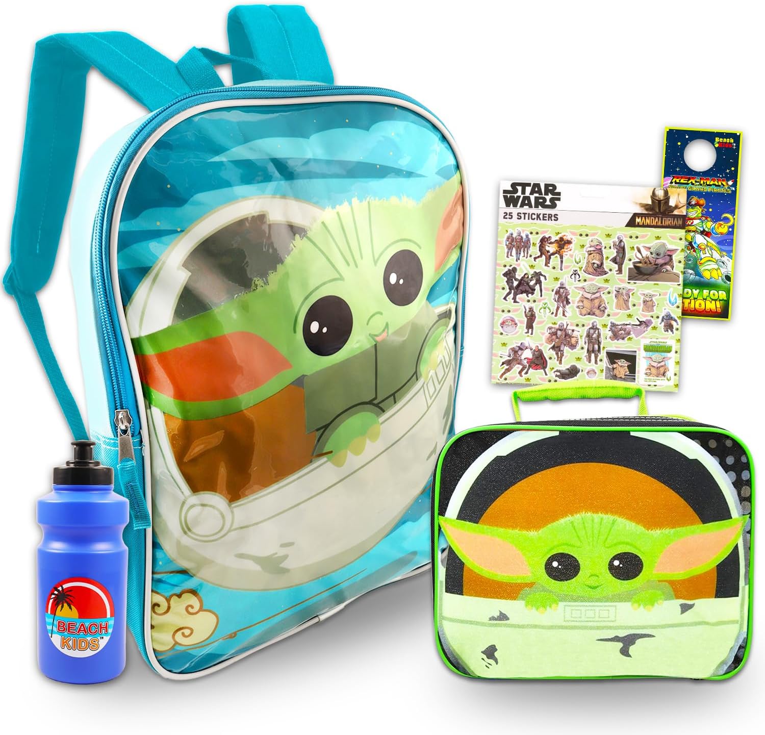 STAR WARS Baby Yoda Backpack and Lunch Box Set - Bundle with 15" Grogu School Bag, Insulated Lunch Bag, Water Bottle, Stickers, More | Mandalorian School Backpack for Kids