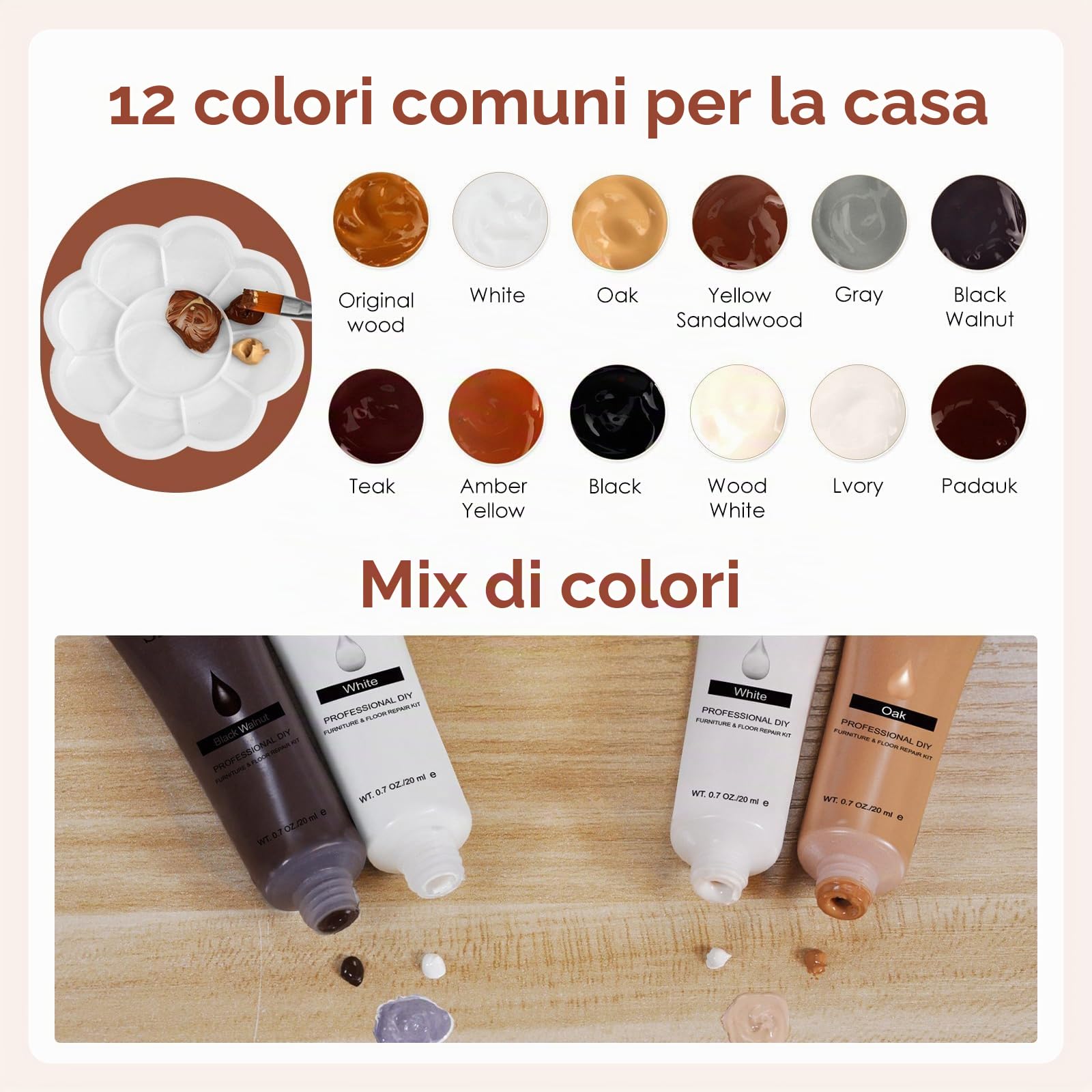 DEWEL Kit Riparazione Mobili, 12 Colori Kit di Riparazione per Legno, Stucco per Legno, Colori per Legno per Riparare Graffi, Crepe, Scolorimento Superfici
