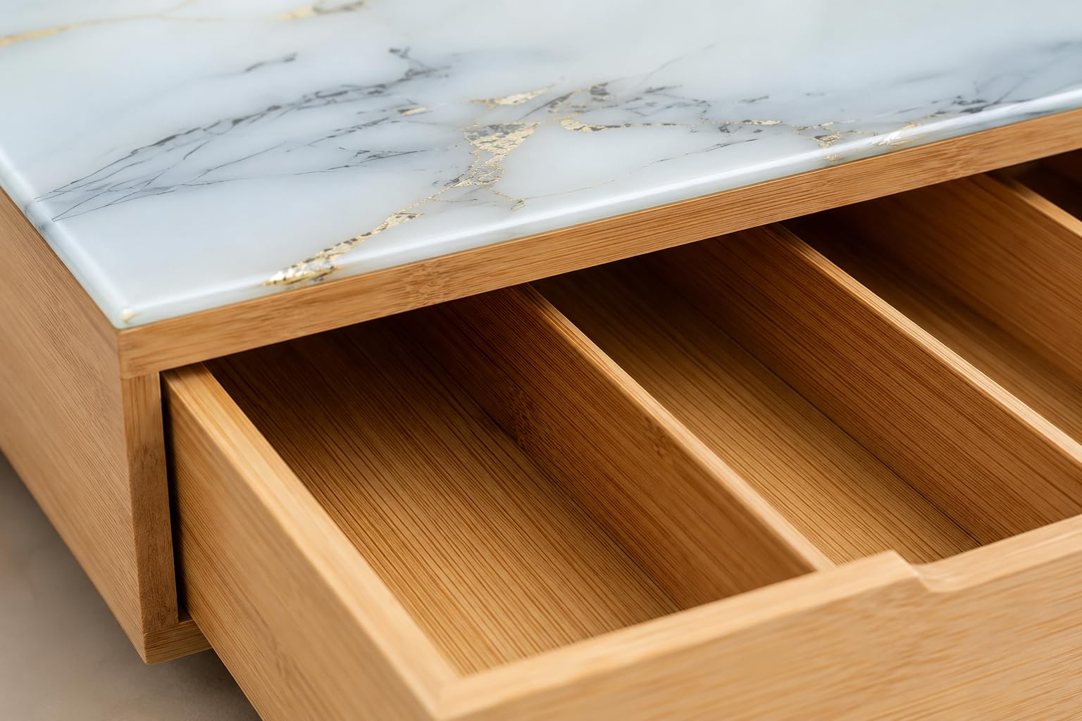 Cassetto Portacapsule in Bamboo con Piano in Vetro Effetto Marmo – Organizer Capsule Caffè 4 Scomparti, Porta Capsule e Cialde, Salvaspazio per Cucina e Coffee Station