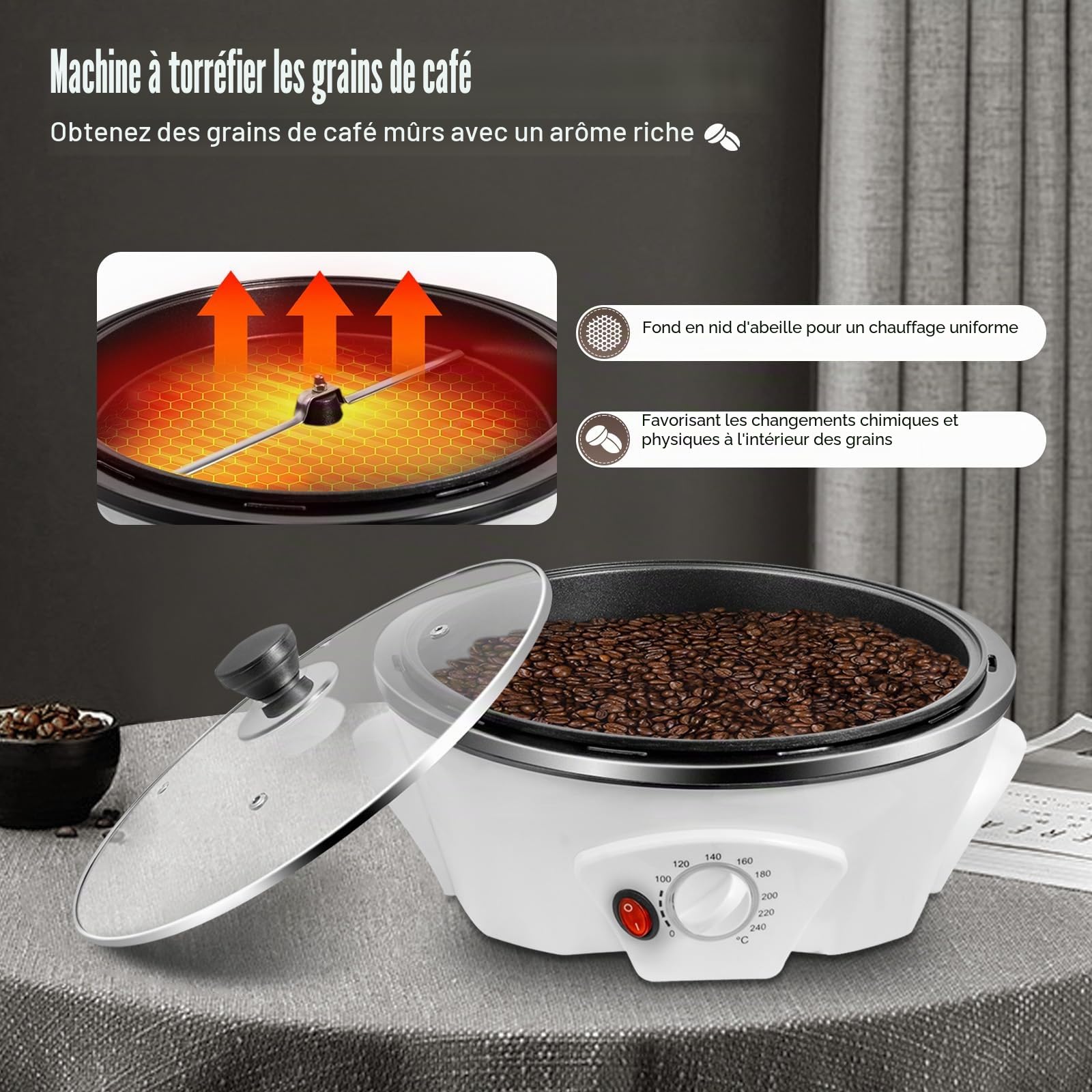 Torréfacteur à café domestique, électrique, 1200 W, torréfacteur à grains, réglable de 0 à 240 °C, avec minuterie, pour grains de café, noix, pop-corn