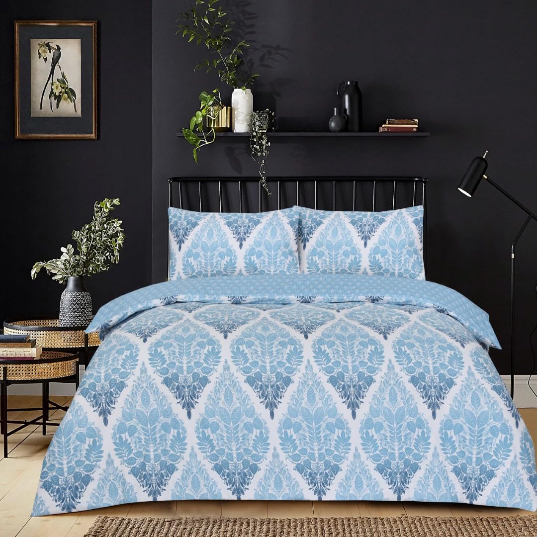 Best Linen 4 Piece Duvet Cover Set Microfiber Quilt Cover Pillow Case & Fitted Sheet Complete Bedding Set Easy Care Machine Wash Anti Allergic (Leaf Blue, Super King)