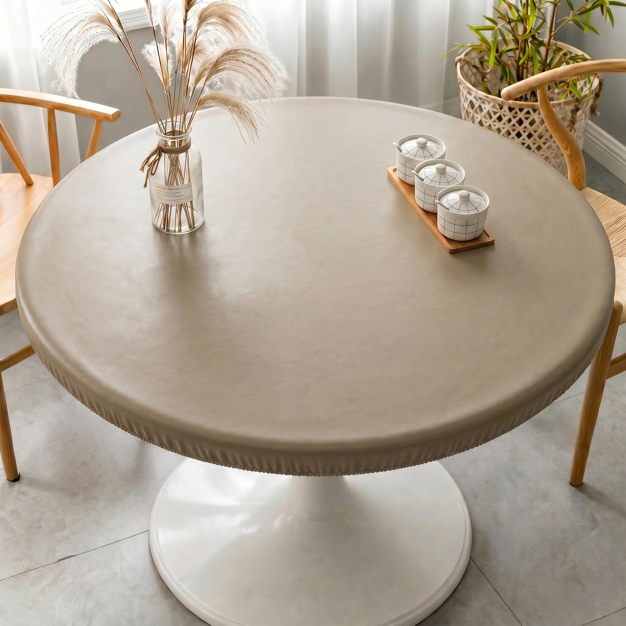 ele ELEOPTION Round Table Top Cover, Waterproof Round Tablecloth with Elastic Binding, Wipeable PU Fabric Dustproof and Wear-resistant, Garden Table Top Covers for Dinning Room Kitchen (Khaki, 90cm) — image 1