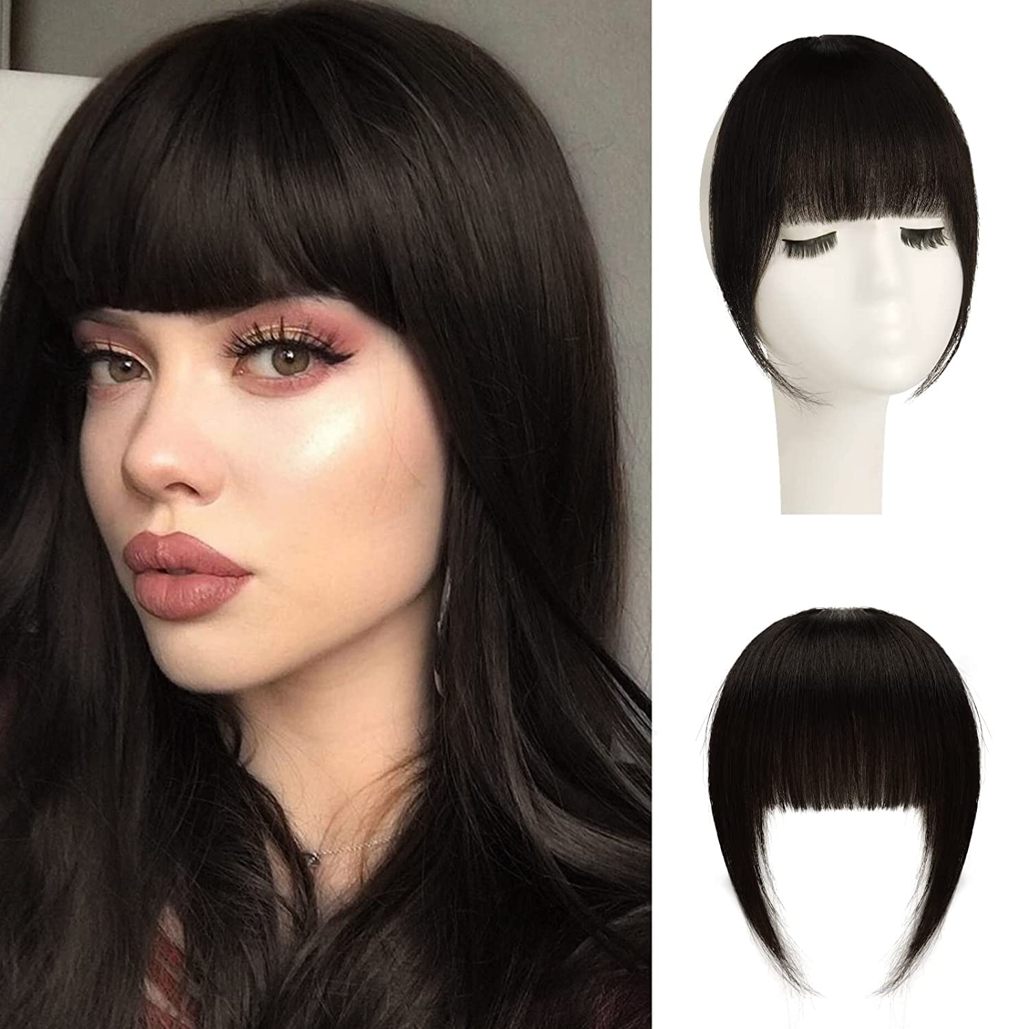 SOFEIYAN Clip in Bangs 100% Human Hair Extensions French Bangs Flat Neat Bangs Clip on Air Bangs with Temple Thick Bangs Fringe Hairpieces for Women(Natural Black)