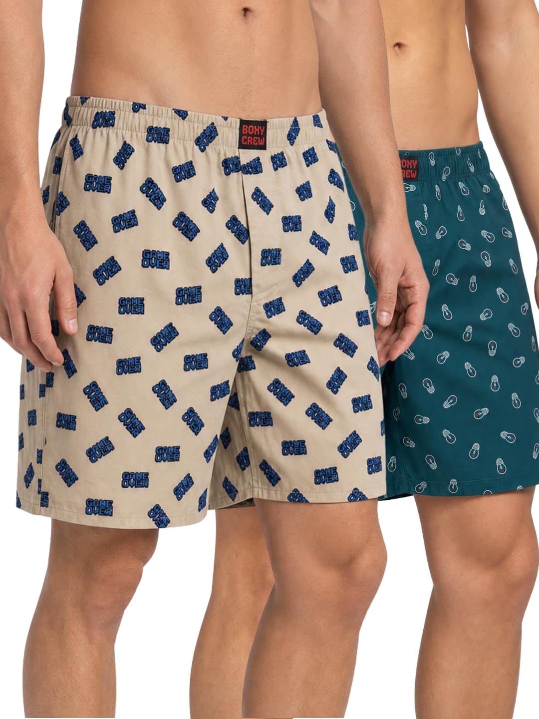 Men's 100% Cotton Printed Boxer Shorts Pack of 2 with Dual Side Pockets and Fabric-Covered Waistband - Beige/Teal, Styles MBX019, MBX027-picture-10