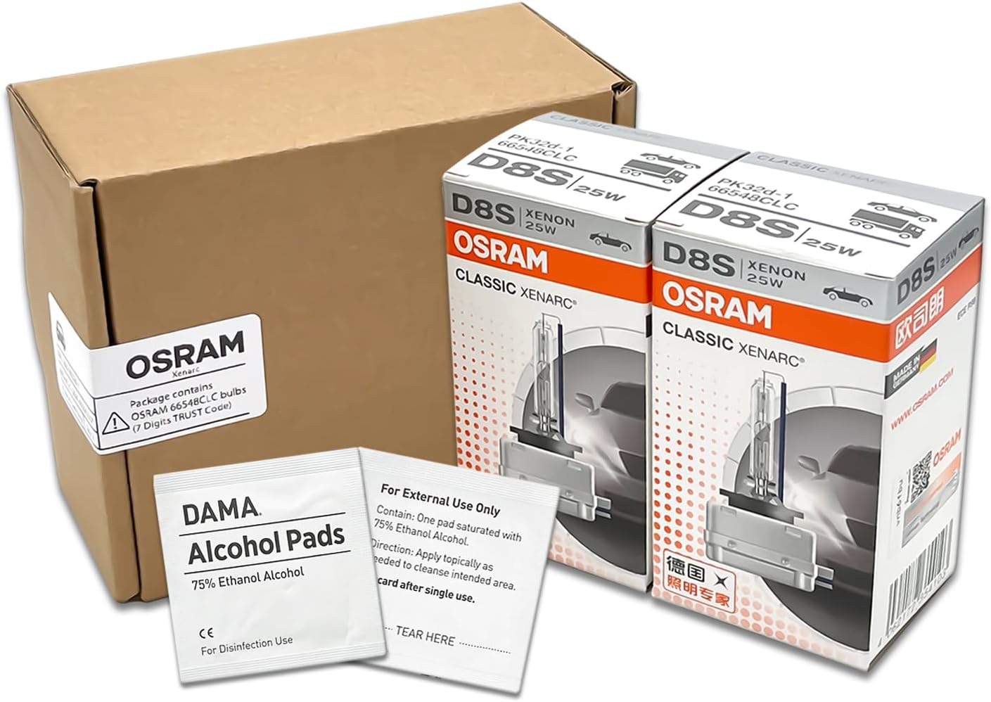 OSRAM D8S OEM Classic Xenarc HID Xenon Headlight Bulbs 66548CLC 25W 4500K w/DAMA Alcohol Pads | Pack of 2
