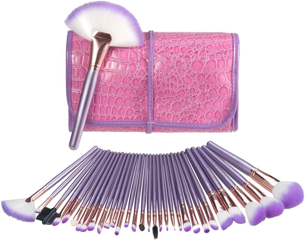 Makeup Brushes, USpicy 32Pcs Professional Premium Synthetic Makeup Brush Set for Foundation Blush Concealer Eyeshadow with Travel Pouch-Pink