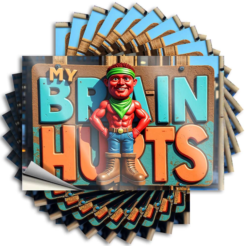 Decal Best Vinyl Sticker | Muscular Man with 'My Brain Hurts' Sign Girly for Gamers Use(8X12CM)