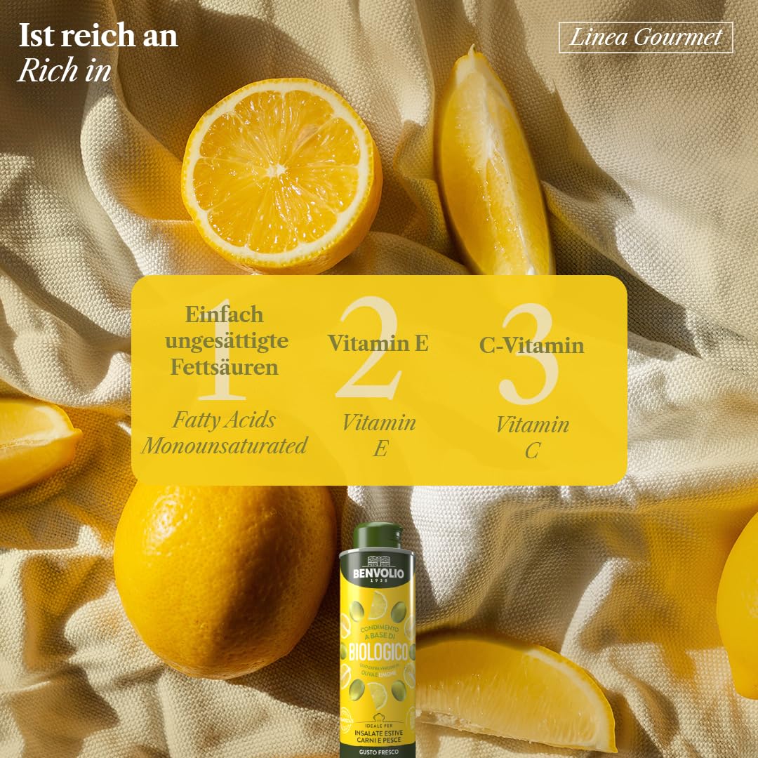 BENVOLIO Bio-Zitronenöl 250ml - Kaltgepresst aus Ausgewählten Oliven, Aromatisiert mit Echtem Zitrone: Ideal für Salate, Fleisch und Fisch - Reich an Vitamin E & C, 100% Natur, Verdauungsfördernd.