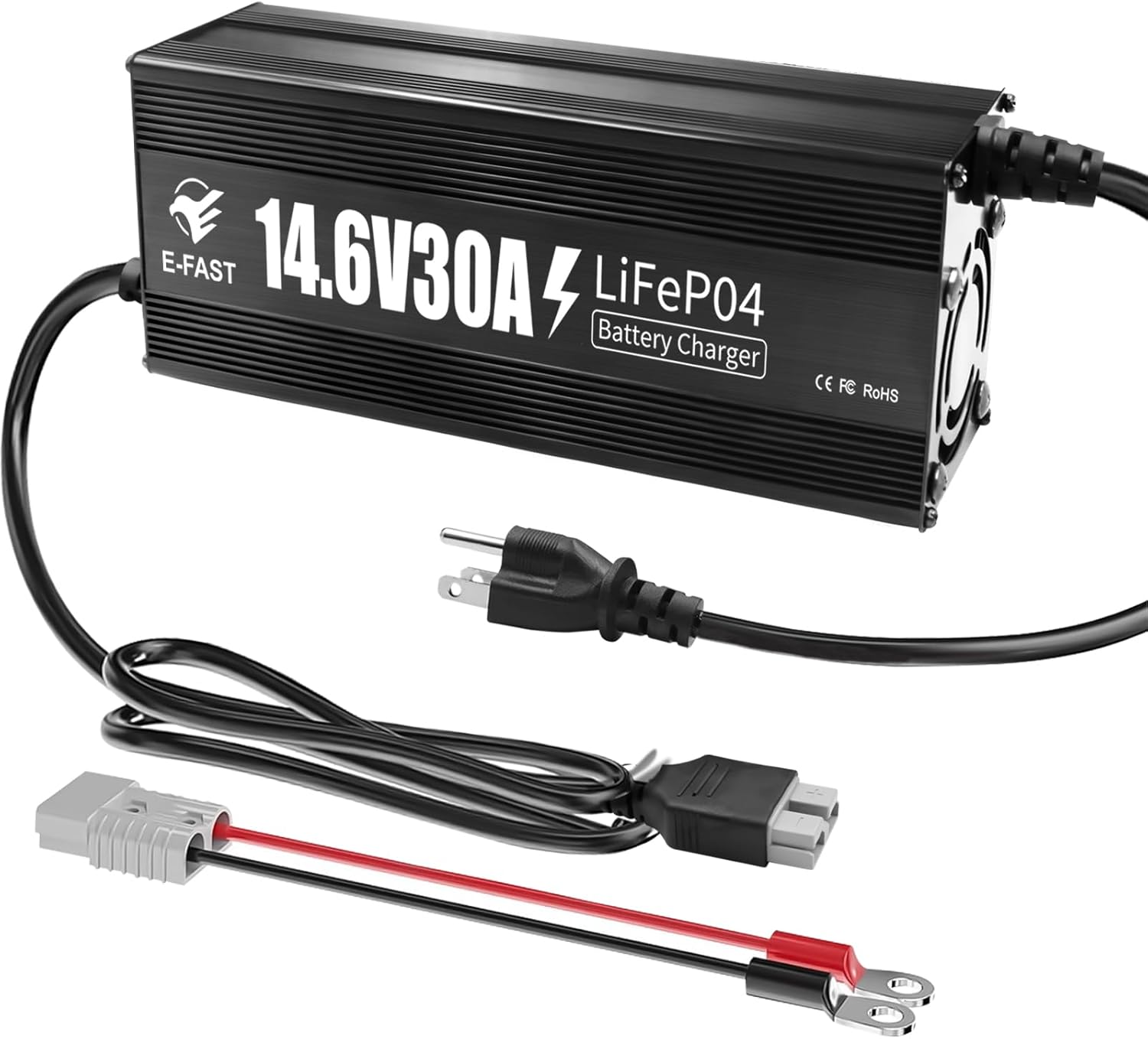 E-FAST 12V 30A Lithium Battery Charger, 14.6V LiFePO4 Battery Charger with Premium Aluminum Housing - 0V Activation for Golf Cart, RV, Marine, Boat, Trolling Motor - Includes Anderson Connector