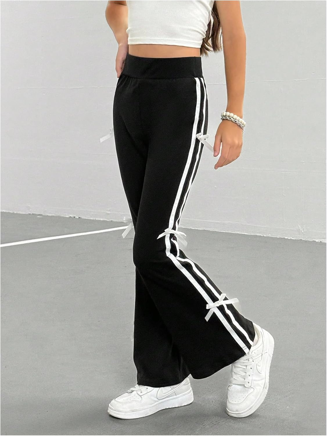 Girl's Bow Side Wide Leg Pants Striped Elastic High Waist Straight Leg Sweatpants Wide Leg Joggers - Image 3