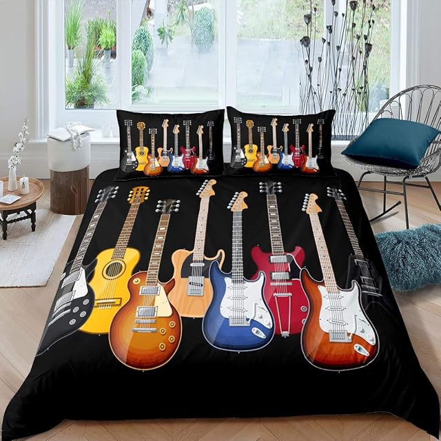 Guitar Printed Bedding Set Teens Rock Music Themed Duvet Cover For Kids Children Adults Colorful Musical Pattern Comforter Cover Hip Hop Stripe Style Bedspread Cover Bedroom Decor 2Pcs Single Size