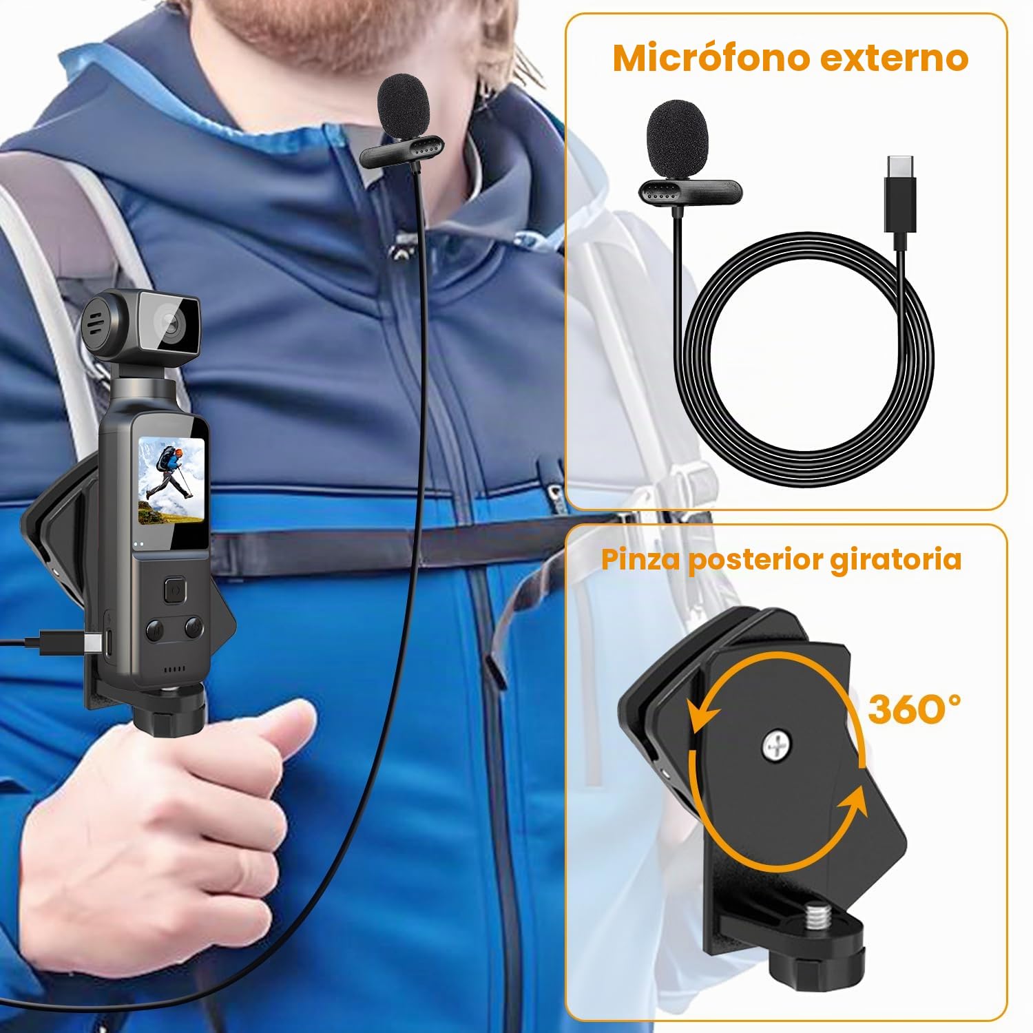 4K Body CAM, Camara Vlog/POV con Lente Giratoria de 270°, Cámara Corporal/Deportiva con Micrófono Externo, Clip, Tarjeta TF de 64 GB