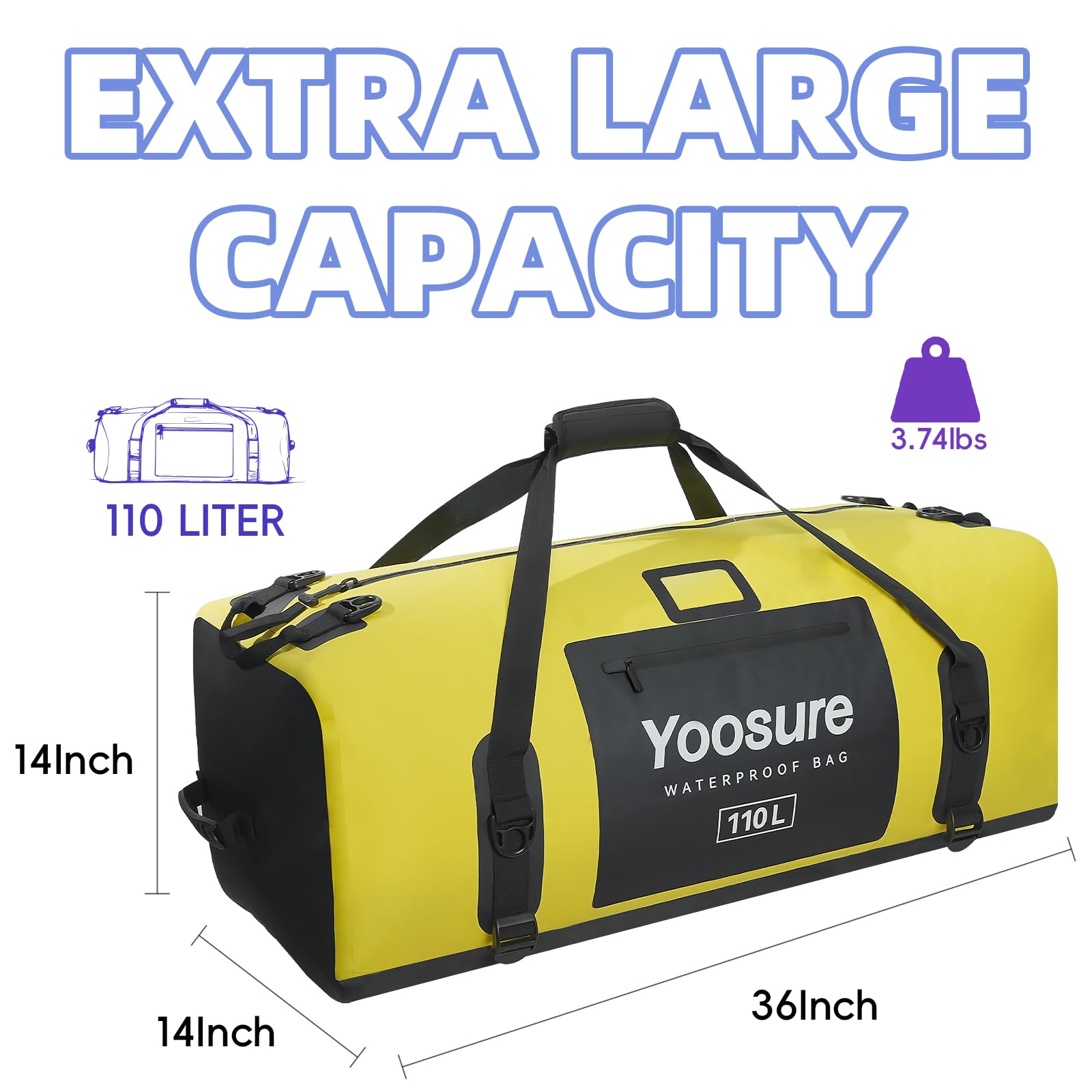 Airtight Zipper Waterproof Duffel Bag 110L- 700D PVC Dry Bag Extra Large Dry Bags with Straps&Handles for Camping Boating Kayaking Rafting Canoeing Gym Beach Car Roof Storage (Yellow)