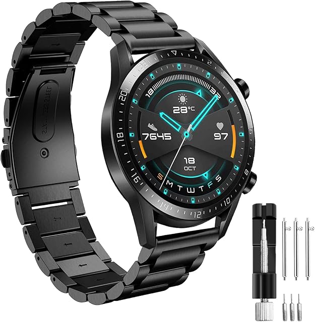 Hatolove 22mm Strap for Huawei Watch GT2 Pro 46mm/Watch GT 46mm/Watch GT Active/Watch 2 Pro/Galaxy Watch 3 45mm/Galaxy Watch 46mm/Gear S3, Stainless Steel Strap Adjustable Metal Strap for Huawei GT