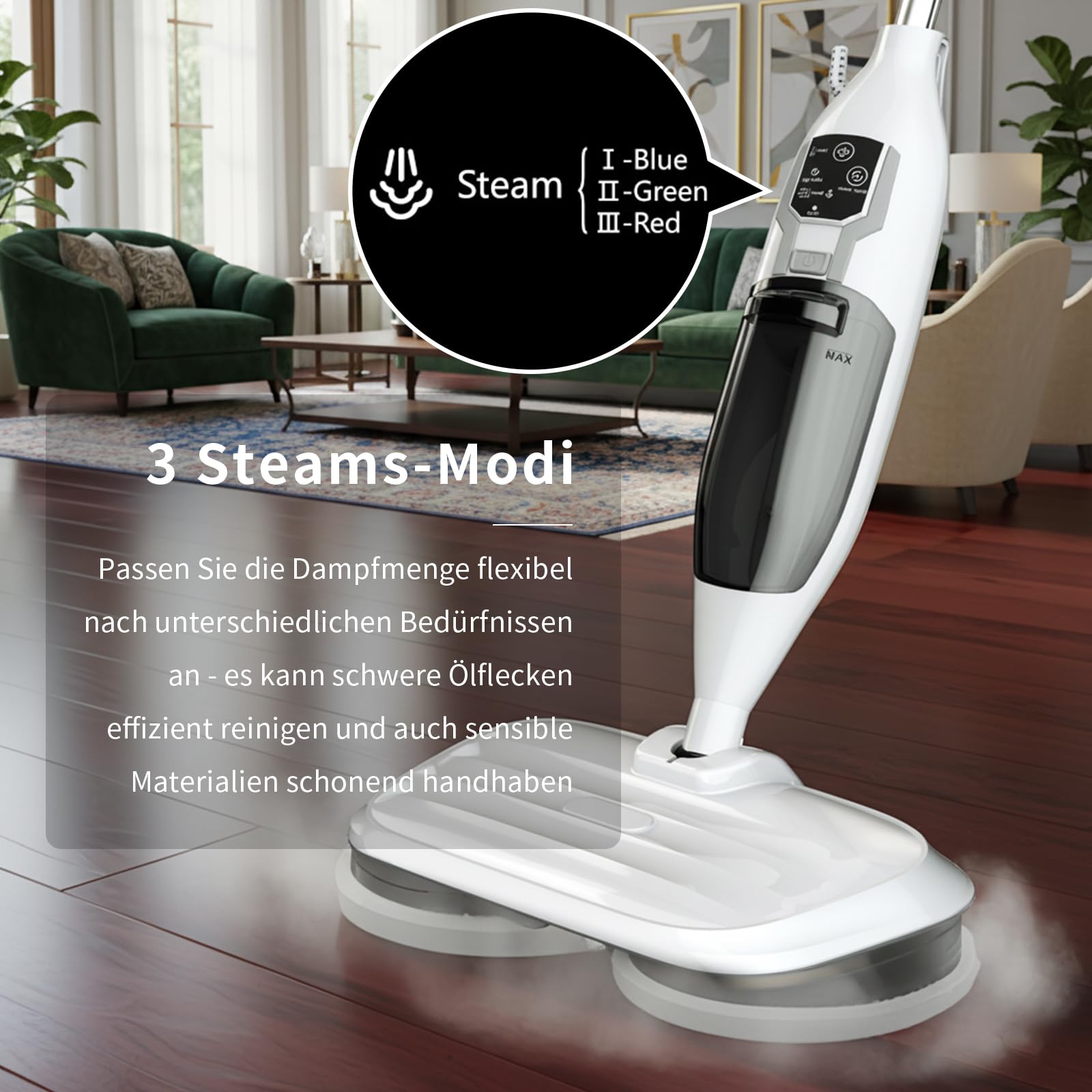 2-in-1 Dampfreiniger Mop mit Handgerät, 30s Schnellaufheizung, 4 Mikrofaserpads, Für alle Hartböden und Teppiche,entfernt 99,9%,weiß