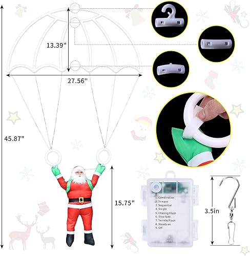 Miniatura 8 de Luces de decoración de Navidad para exteriores, luz LED de paracaídas de Navidad de 2.8 pies con Papá Noel, 8 modos y temporizador, funciona con