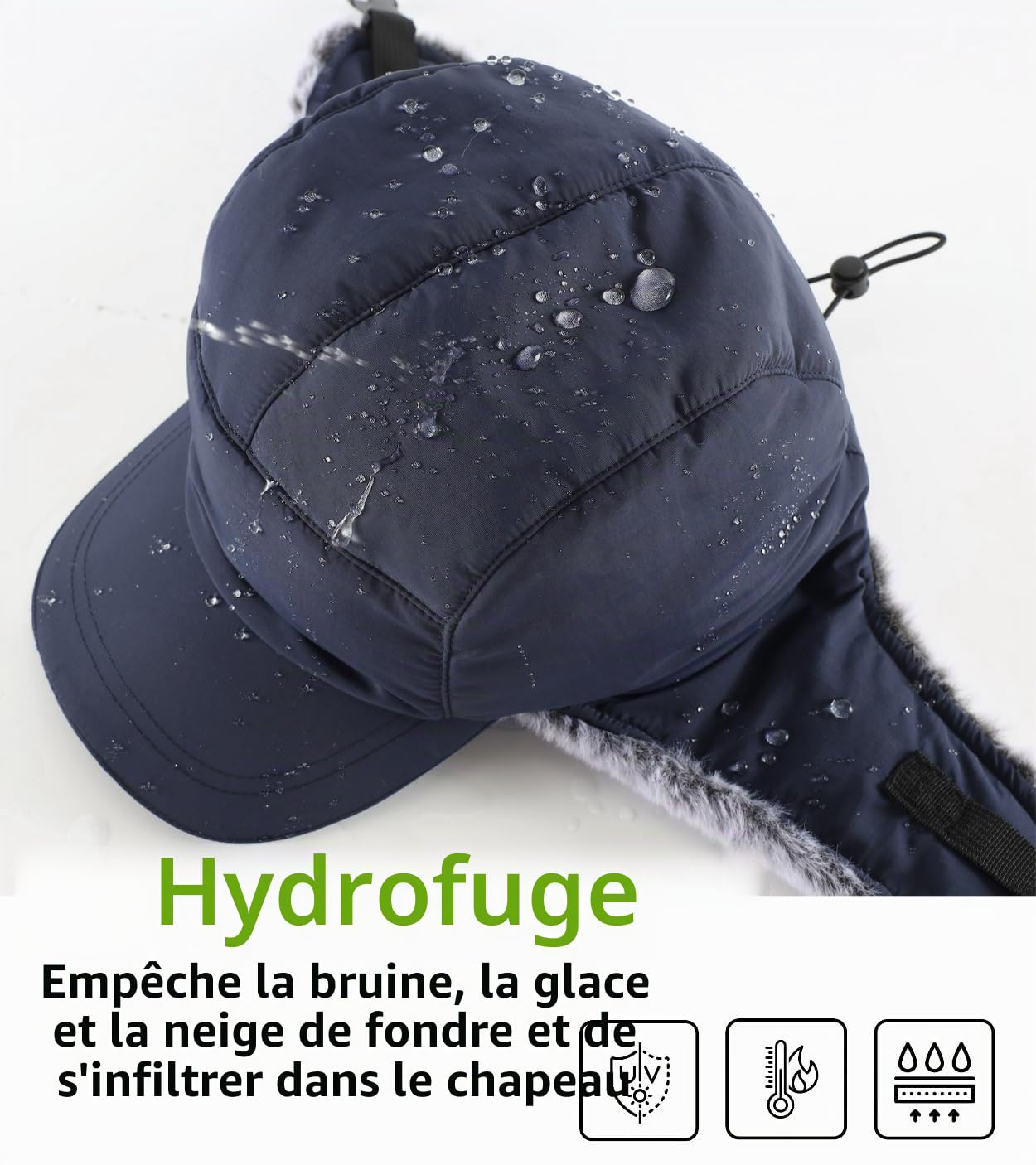 Chapeaux d'hiver chauds pour homme avec cache-oreilles - Chapeau de trappeur hydrofuge - Casquette de baseball réfléchissante