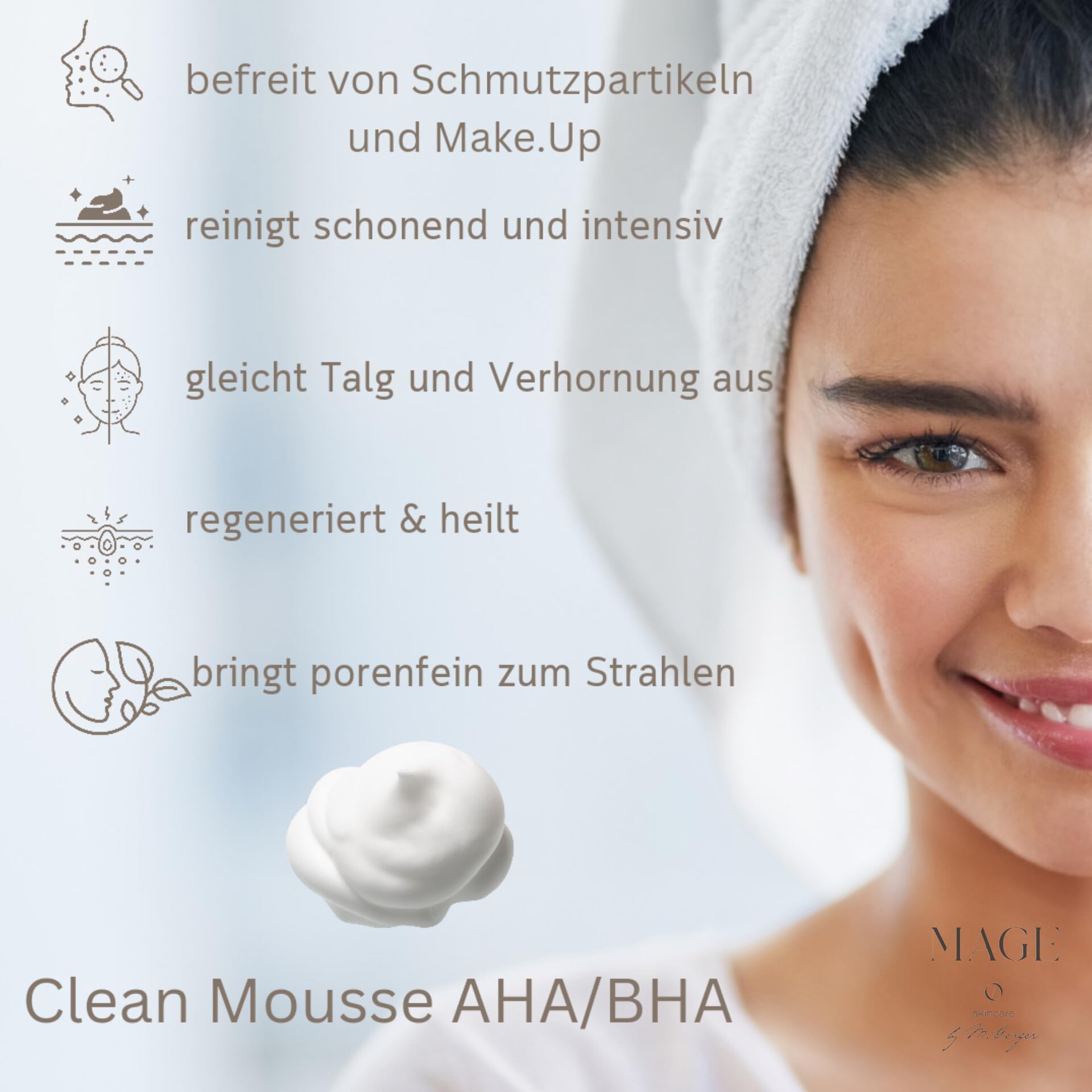 MAGE Clean Mousse AHA/BHA, schiuma detergente per la pulizia del viso per pelle pura e uniforme, pulizia del viso, per la rimozione di trucco e impurità della pelle, vegana, made in Germany