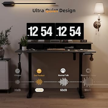 JOY worker Height Adjustable Electric Standing Desk with Storage Shelves, 48 Inch Table with Built-in Monitor Stand, Sit Stand Desk with 2 Hooks for Home Office, Grey Desktop & Black Frame