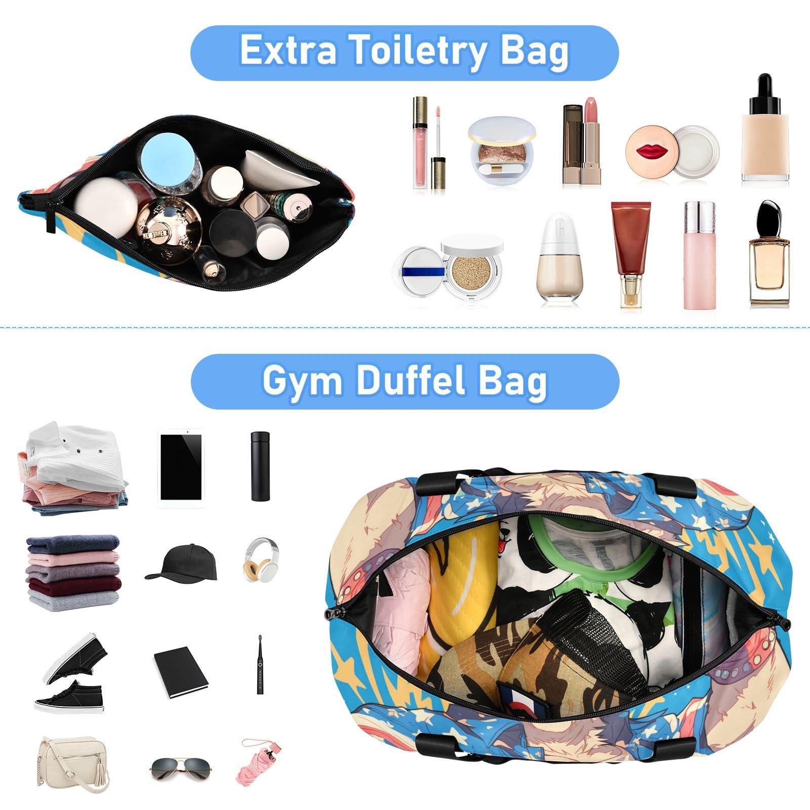 Reisetasche mit niedlichem Cartoon-Bär, patriotische Farbe, Reisetasche, mit Nassfach, verstellbarer Riemen, für Fitnessstudio, Handgepäck, für Reisen, faltbar, für Männer und Frauen