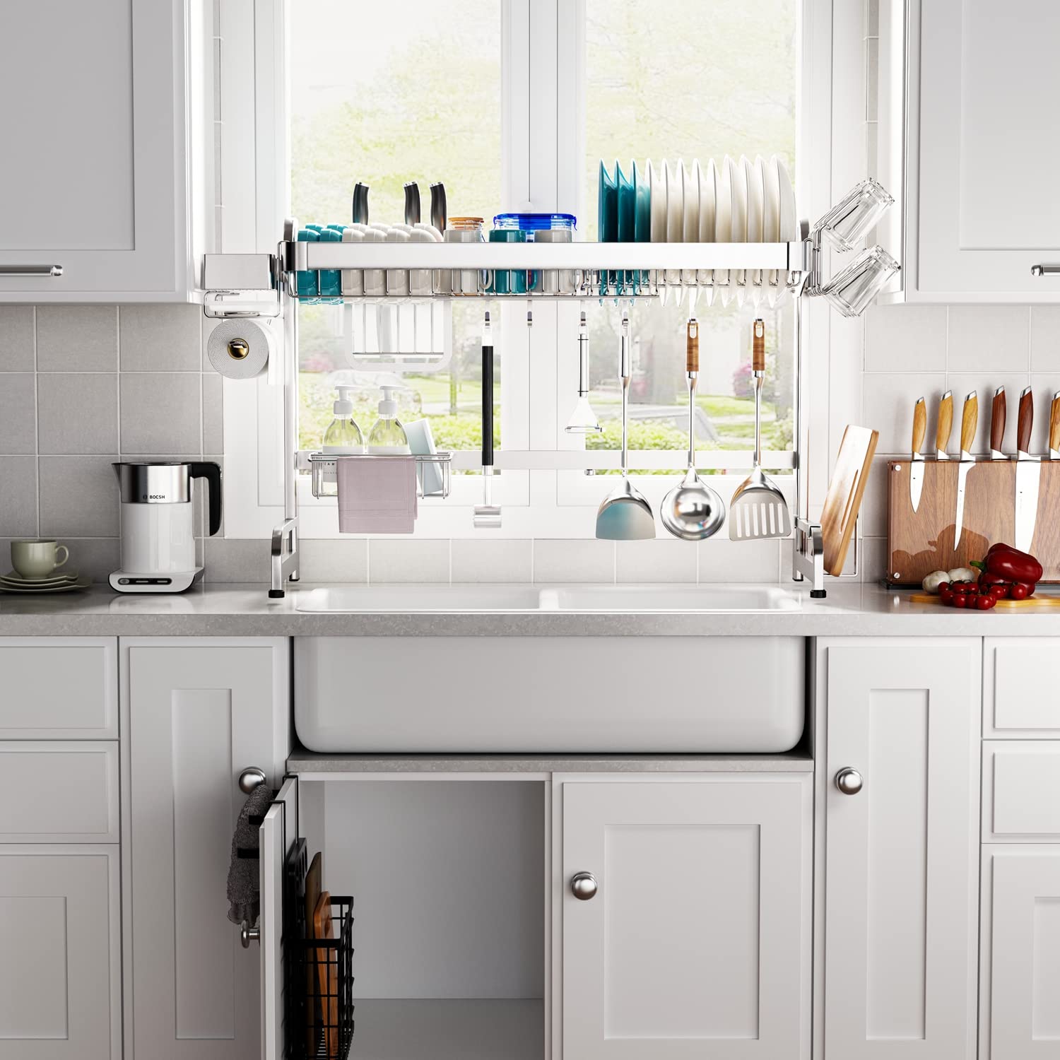 LIVOD Over The Sink Dish Drying Rack, Door Organizer with Towel