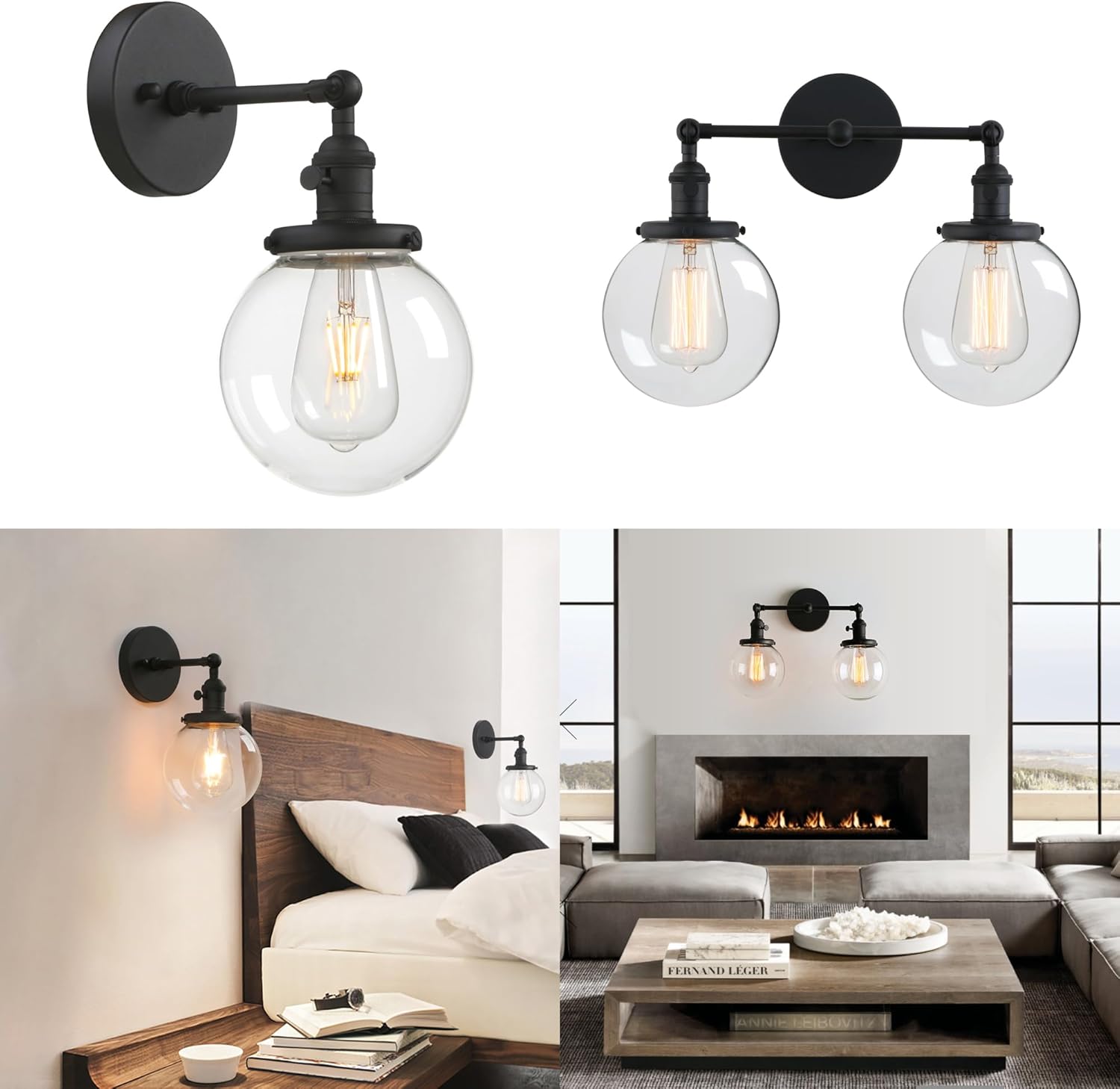 Phansthy Black Bathroom Light Fixture Kit Industrial Wall Sconce with 5.9 Inches Globe Lampshade (Single + Double)